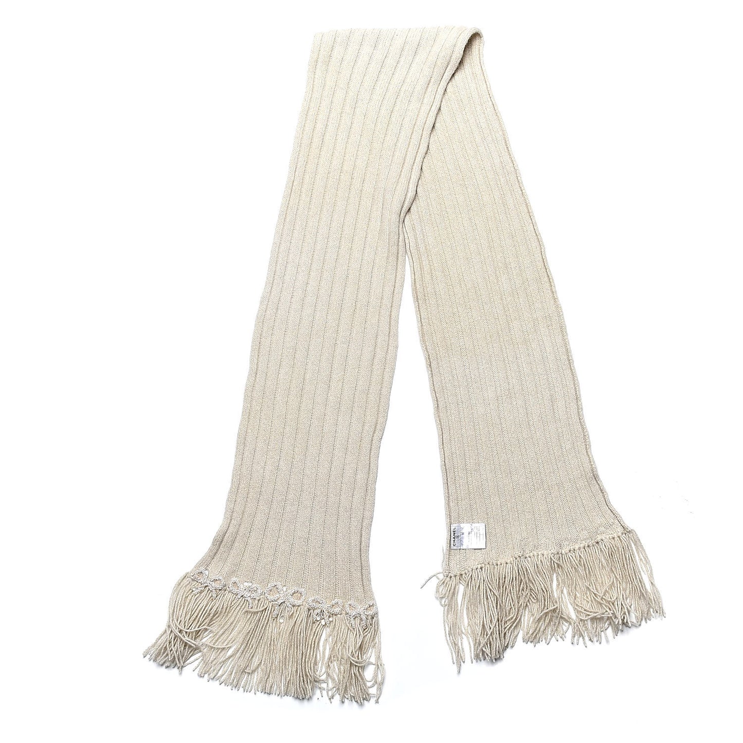 Cashmere Embroidered Fringe Bow Scarf Beige