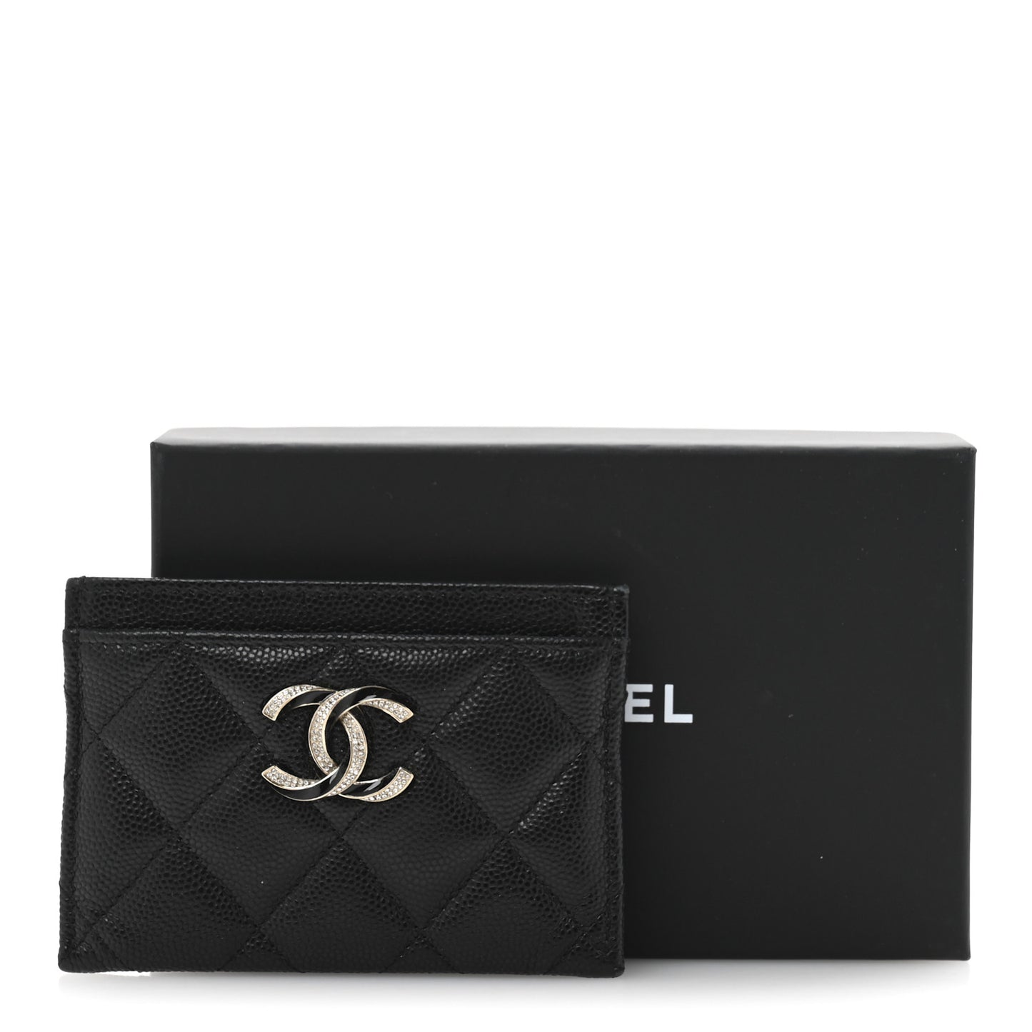 Caviar Quilted Crystal Enamel CC Card Holder Black