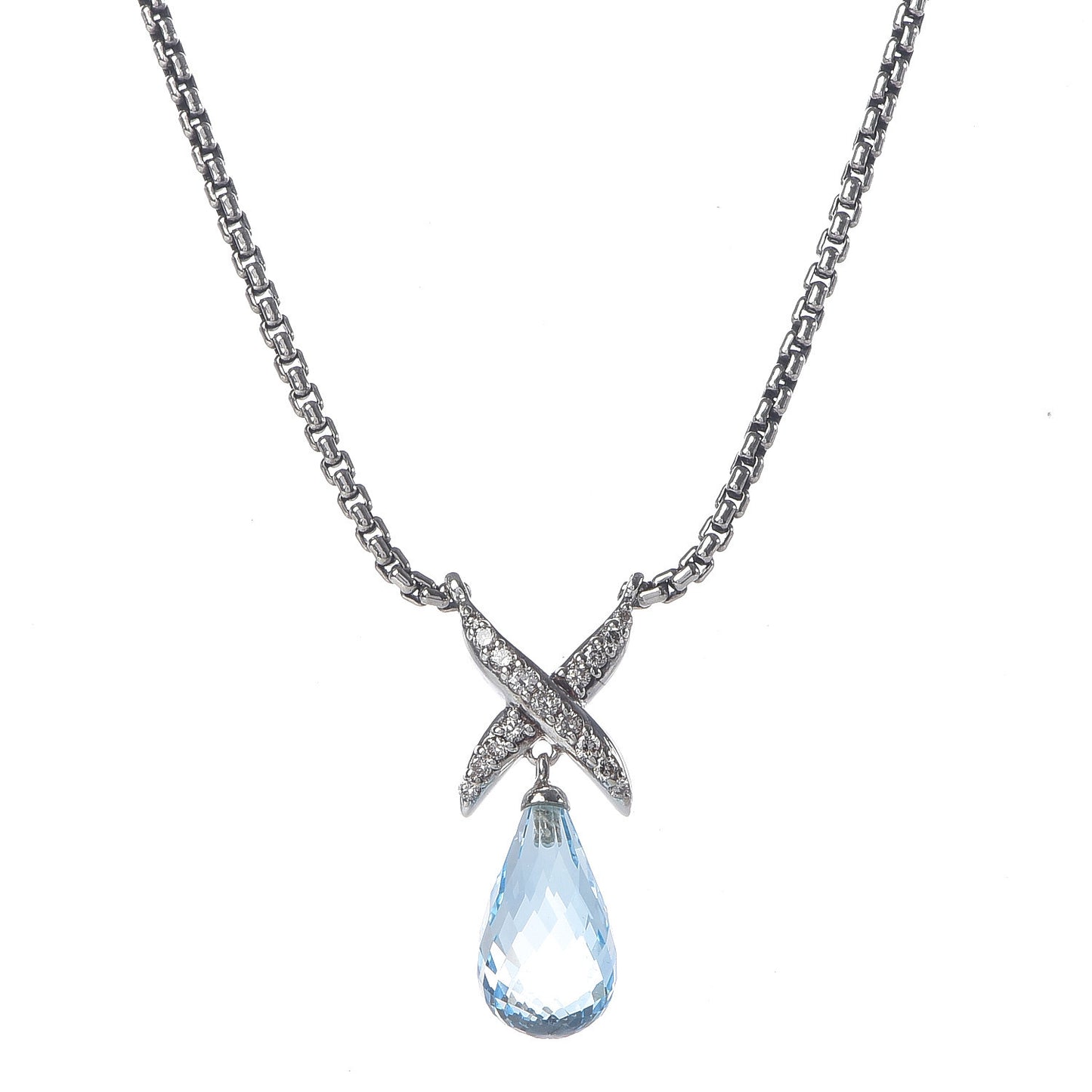 Sterling Silver Blue Topaz Diamond Briolette X Pendant Necklace