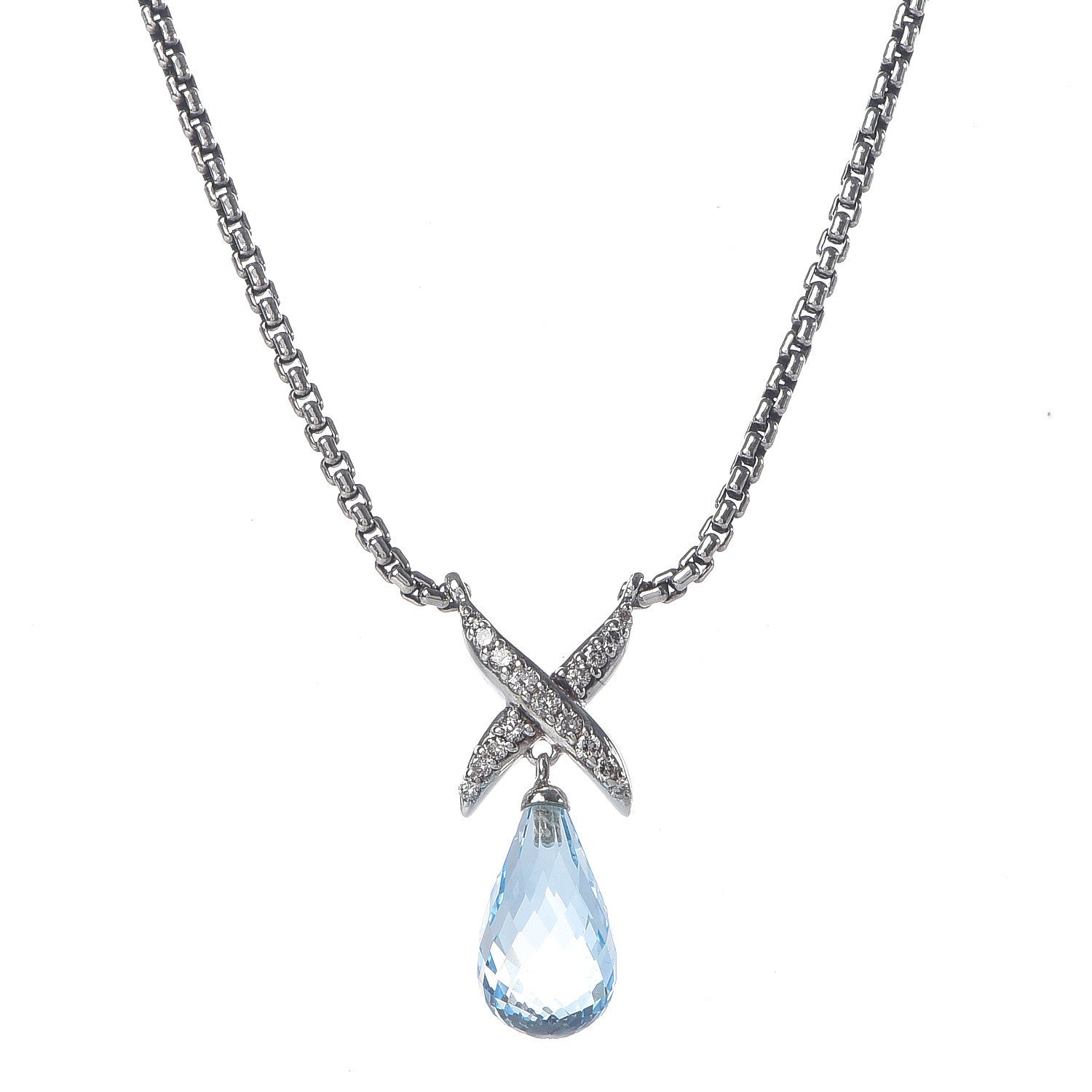 David Yurman Sterling Silver Blue Topaz Diamond Briolette X Pendant Necklace 4 of 6