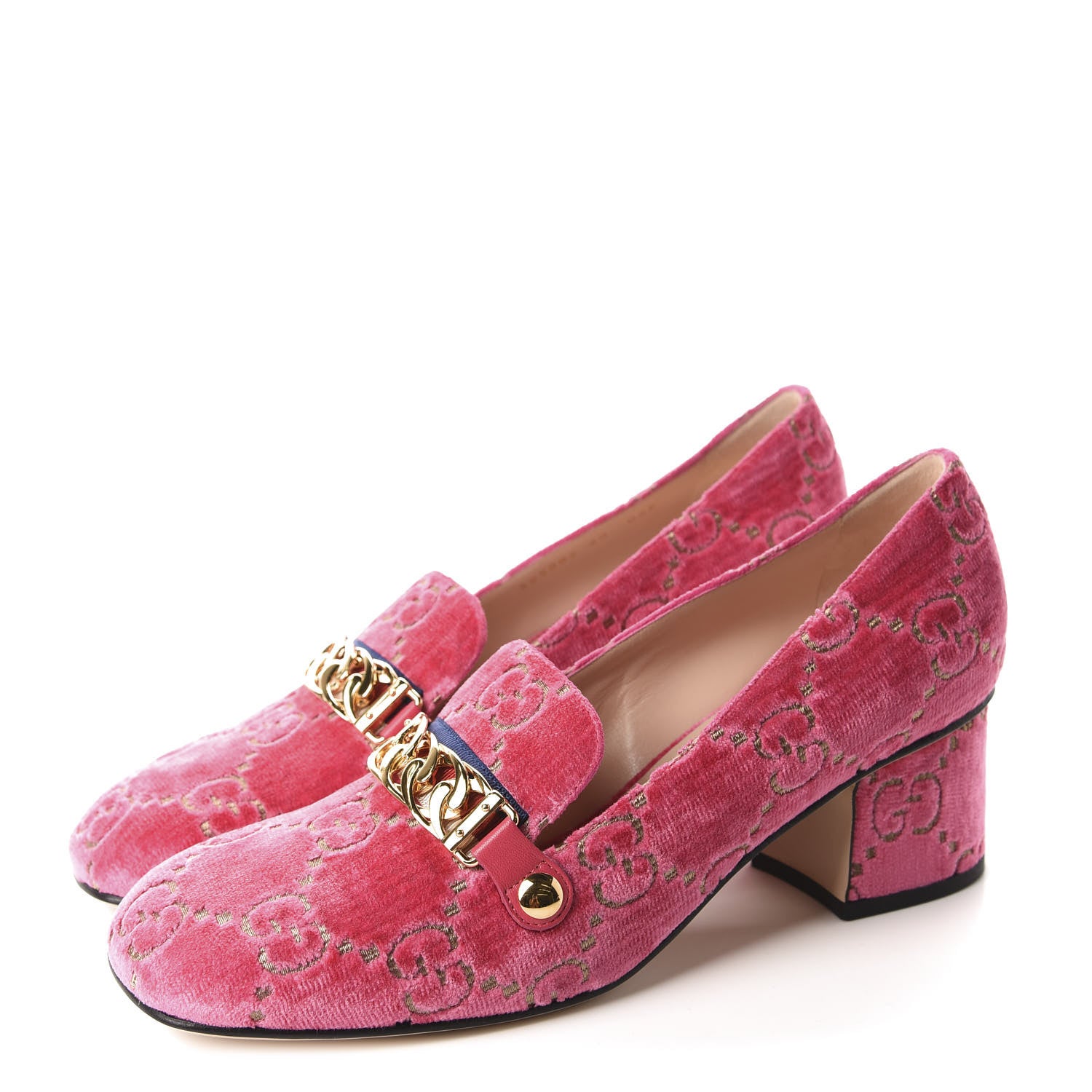 Gucci Velvet GG Monogram Sylvie Web Chain Mid Heel Loafers 40 Bright Pink 3 of 10