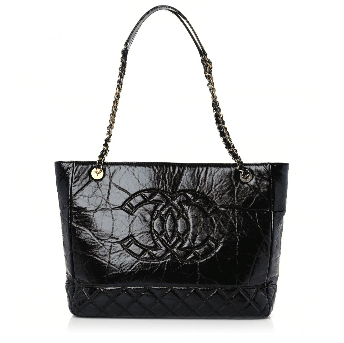 Shiny Aged Calfskin Quilted Large Shopping Bag Black