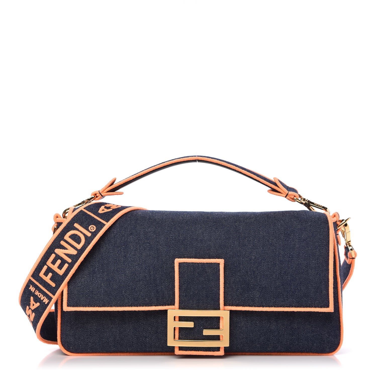 ドフラン　フェンディ Fendi Denim Large Baguette Blue Arancio Fluo 720957