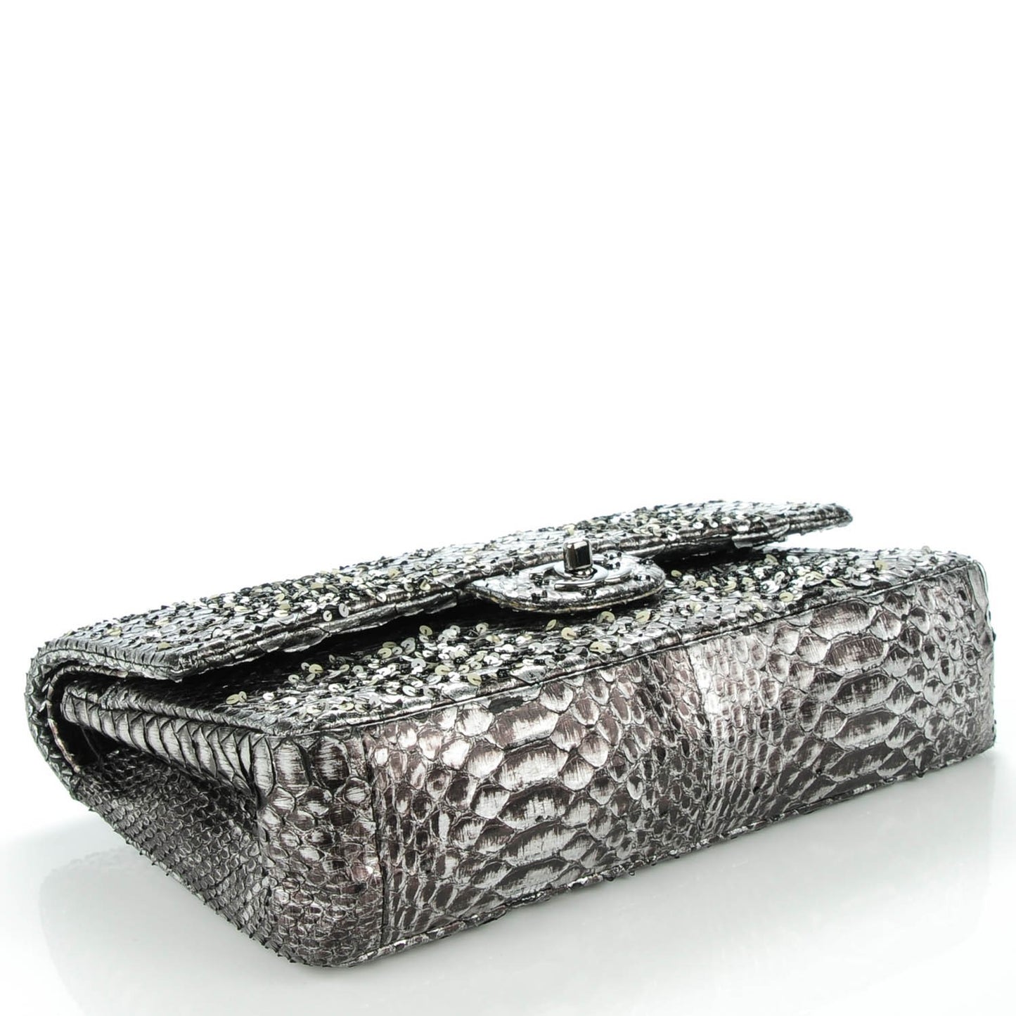 Metallic Python Sequin Medium Double Flap SIlver