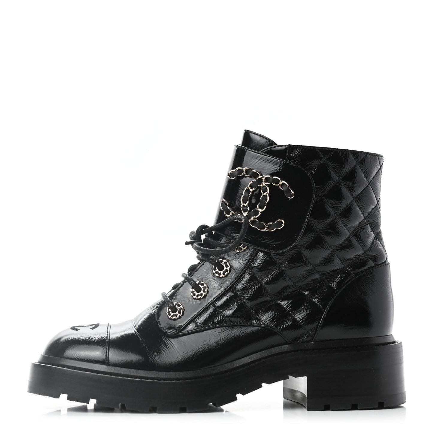 Shiny Calfskin Quilted Lace Up Combat Boots 37.5 Black