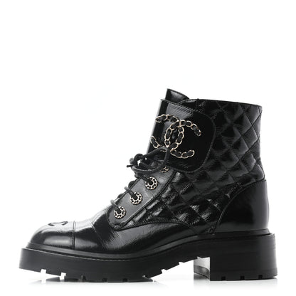 Chanel Shiny Calfskin Quilted Lace Up Combat Boots 37.5 Black 1 of 9