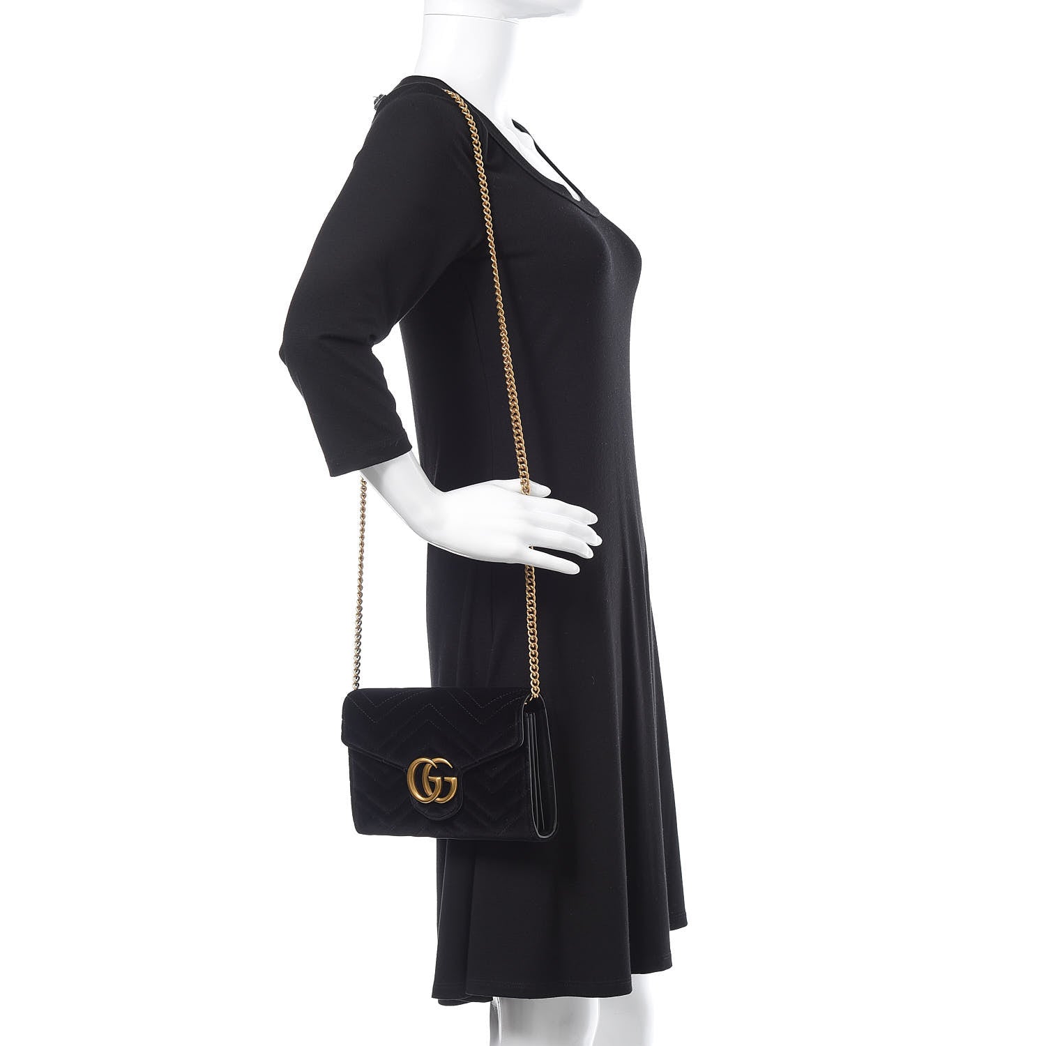 Gucci Velvet Matelasse GG Marmont Chain Wallet Black 2 of 8