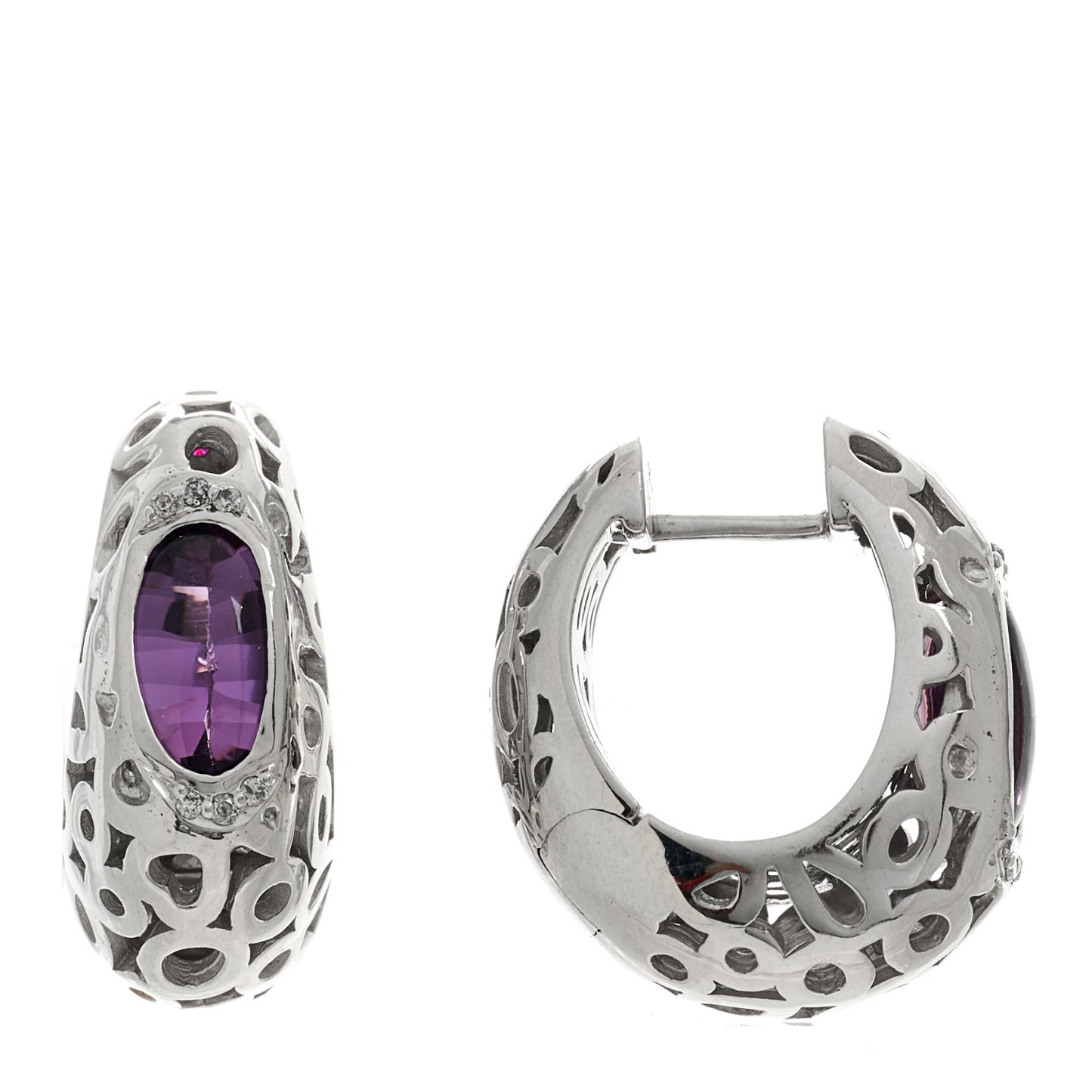 Sterling Silver 14K White Gold Diamond Amethyst Capri Hoop Earrings