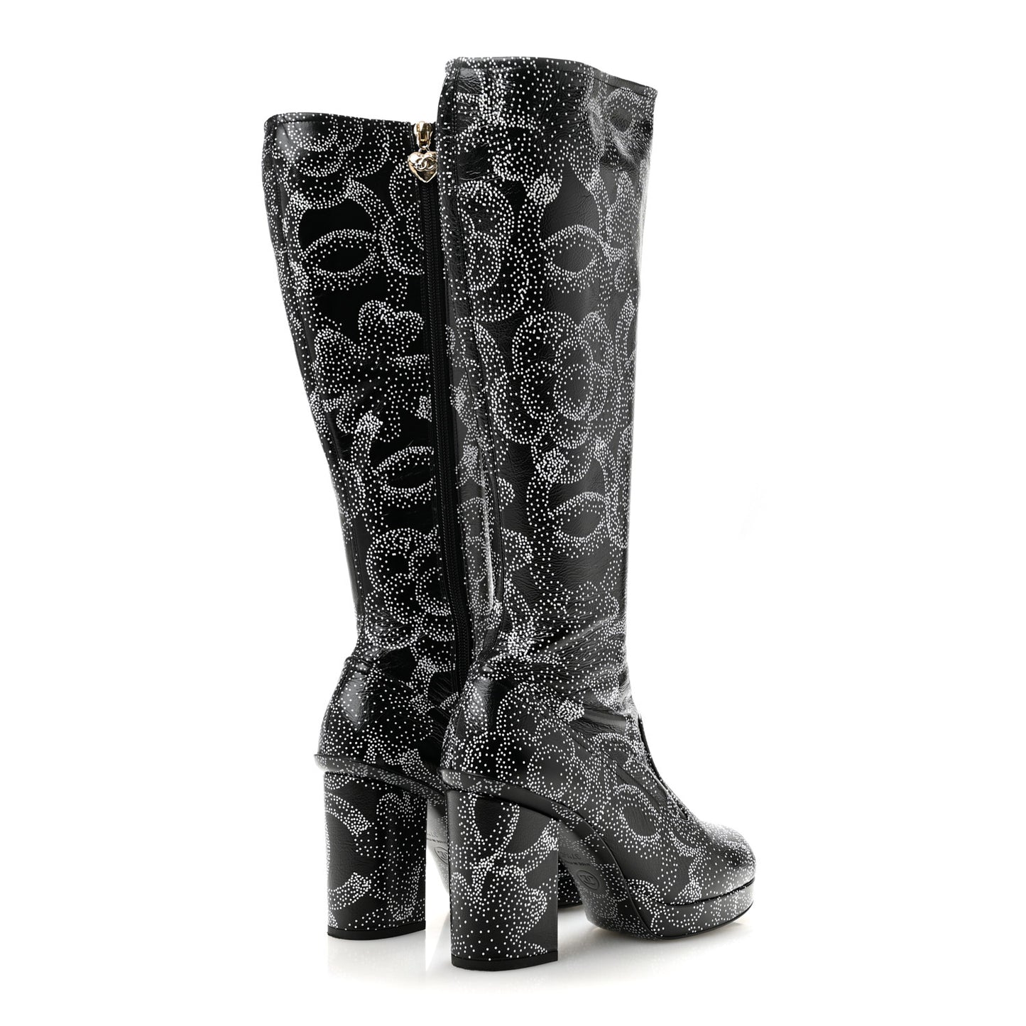 Calfskin Camellia Printed High Boots 37.5 Black White