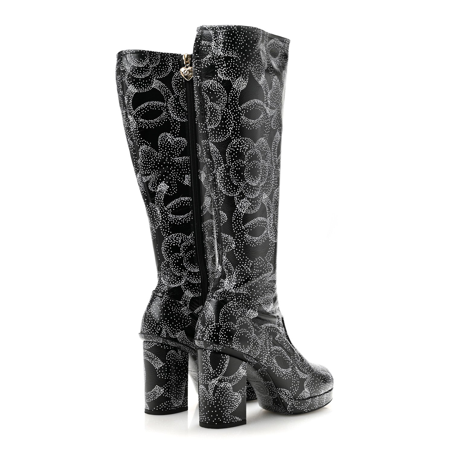 Chanel Calfskin Camellia Printed High Boots 37.5 Black White 4 of 8