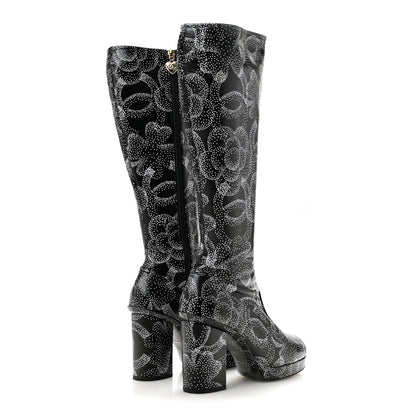 Chanel Calfskin Camellia Printed High Boots 37.5 Black White 4 of 8