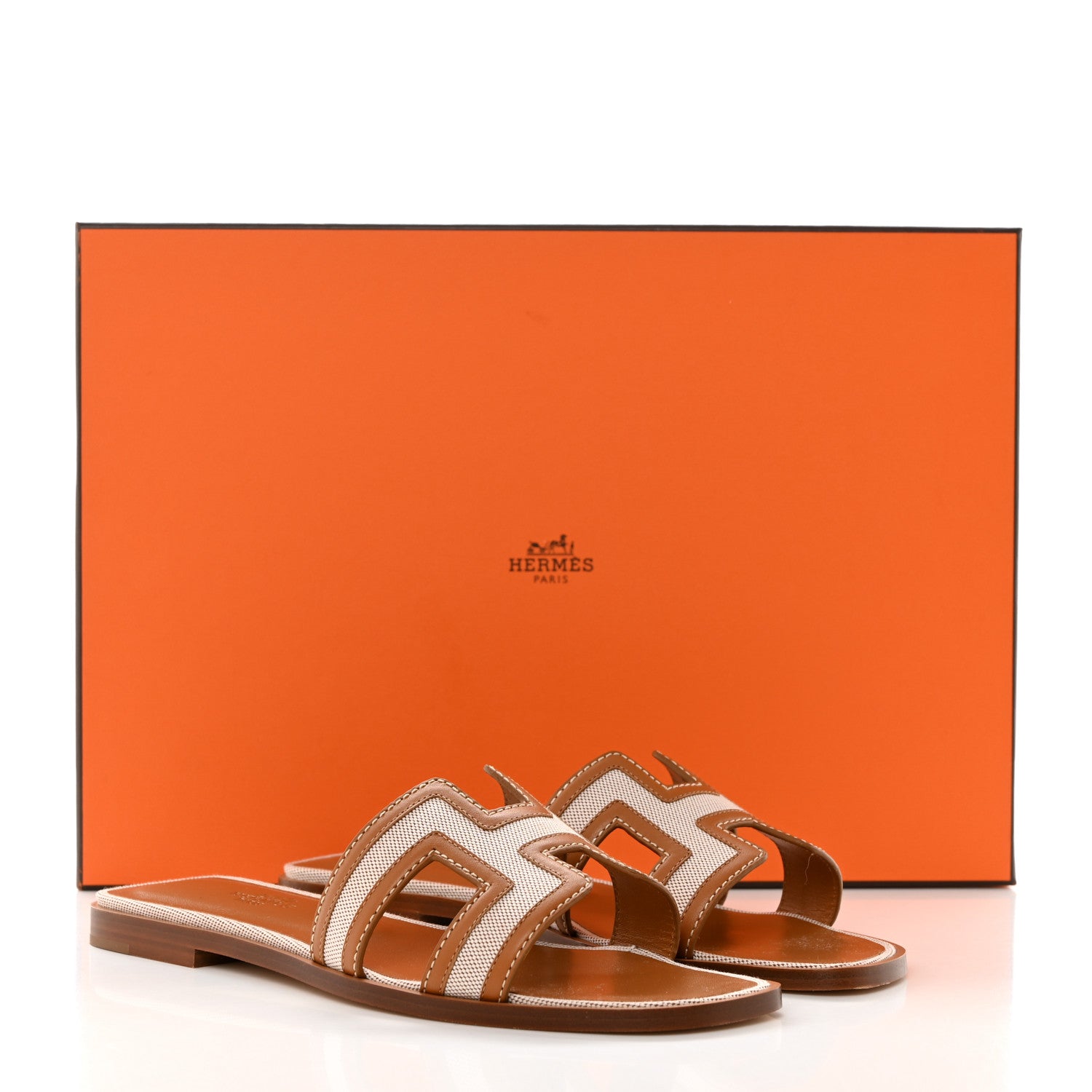 Hermes Calfskin Canvas Oran Sandals 37 Noisette Beige Dore 9 of 9