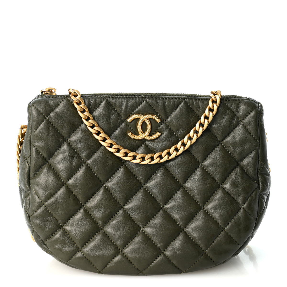 Lambskin Quilted Pillow Crush Chain Hobo Khaki