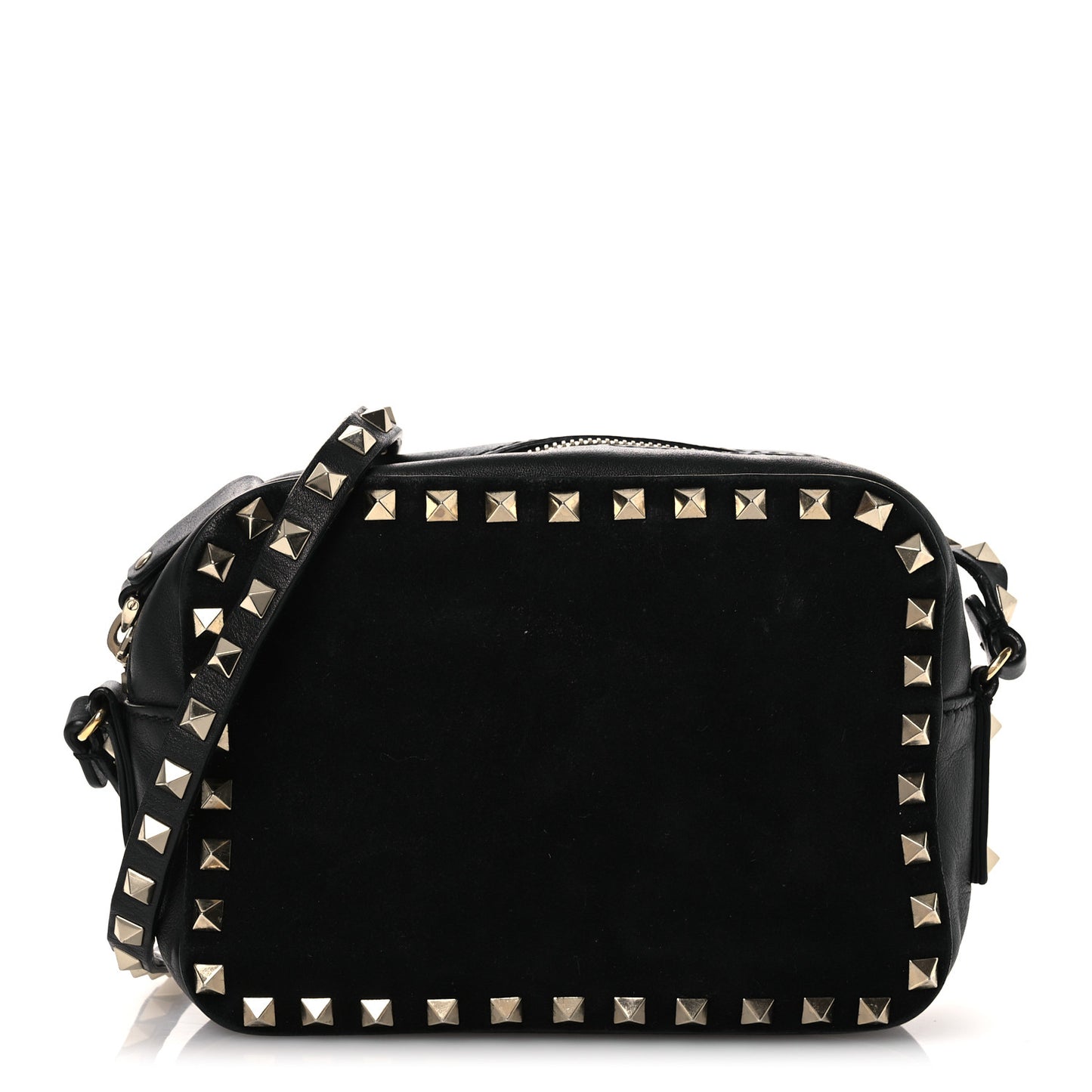 Calfskin Suede Rockstud Camera Crossbody Bag Black