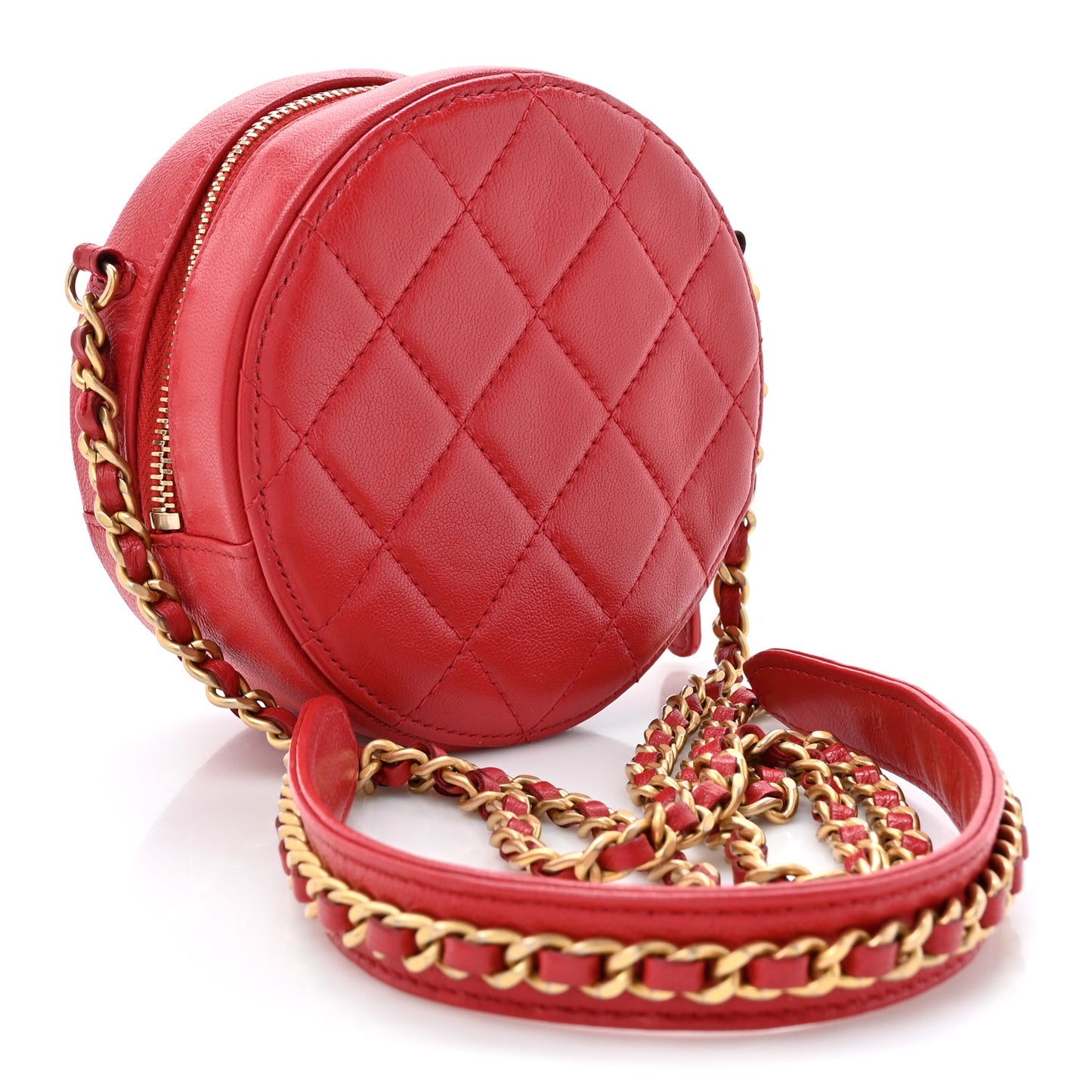 Goatskin Quilted Chanel 19 Round Clutch With Chain Red