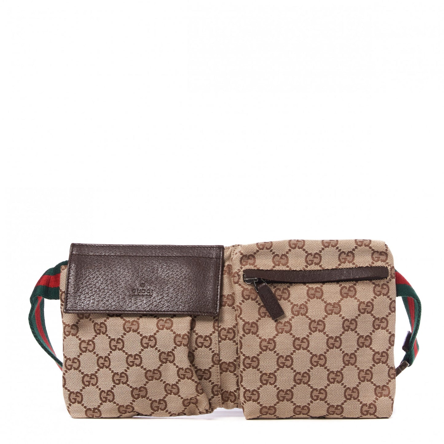 GG Monogram Web Double Pocket Belt Bag Dark Brown