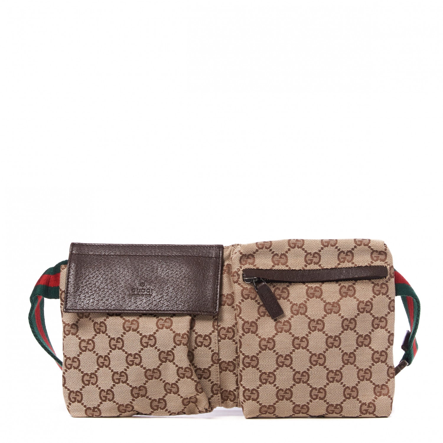 Gucci GG Monogram Web Double Pocket Belt Bag Dark Brown 1 of 7