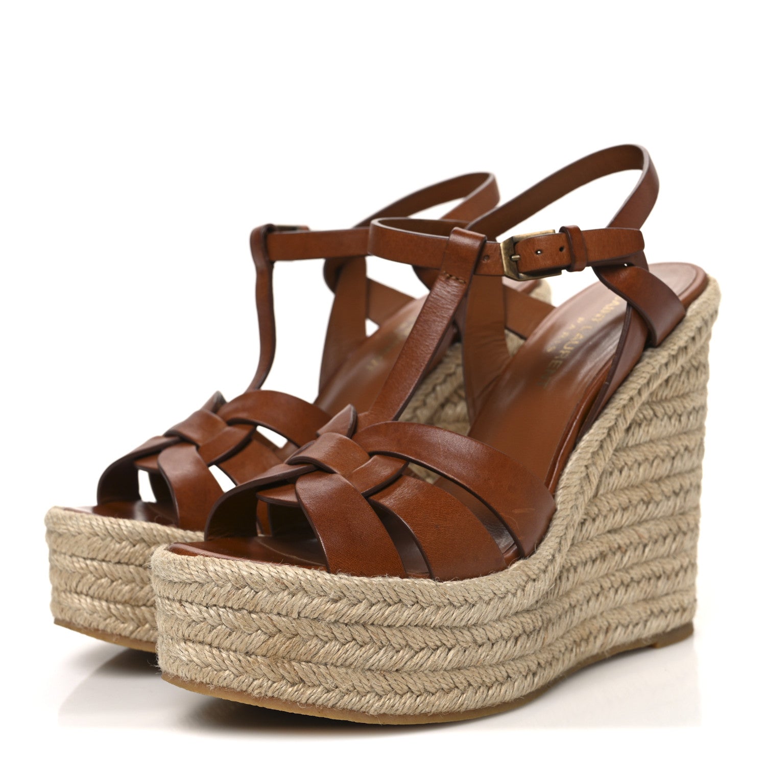 Saint Laurent Calfskin 85 Platform Espadrille Wedge Sandals 37.5 Brown 4 of 10