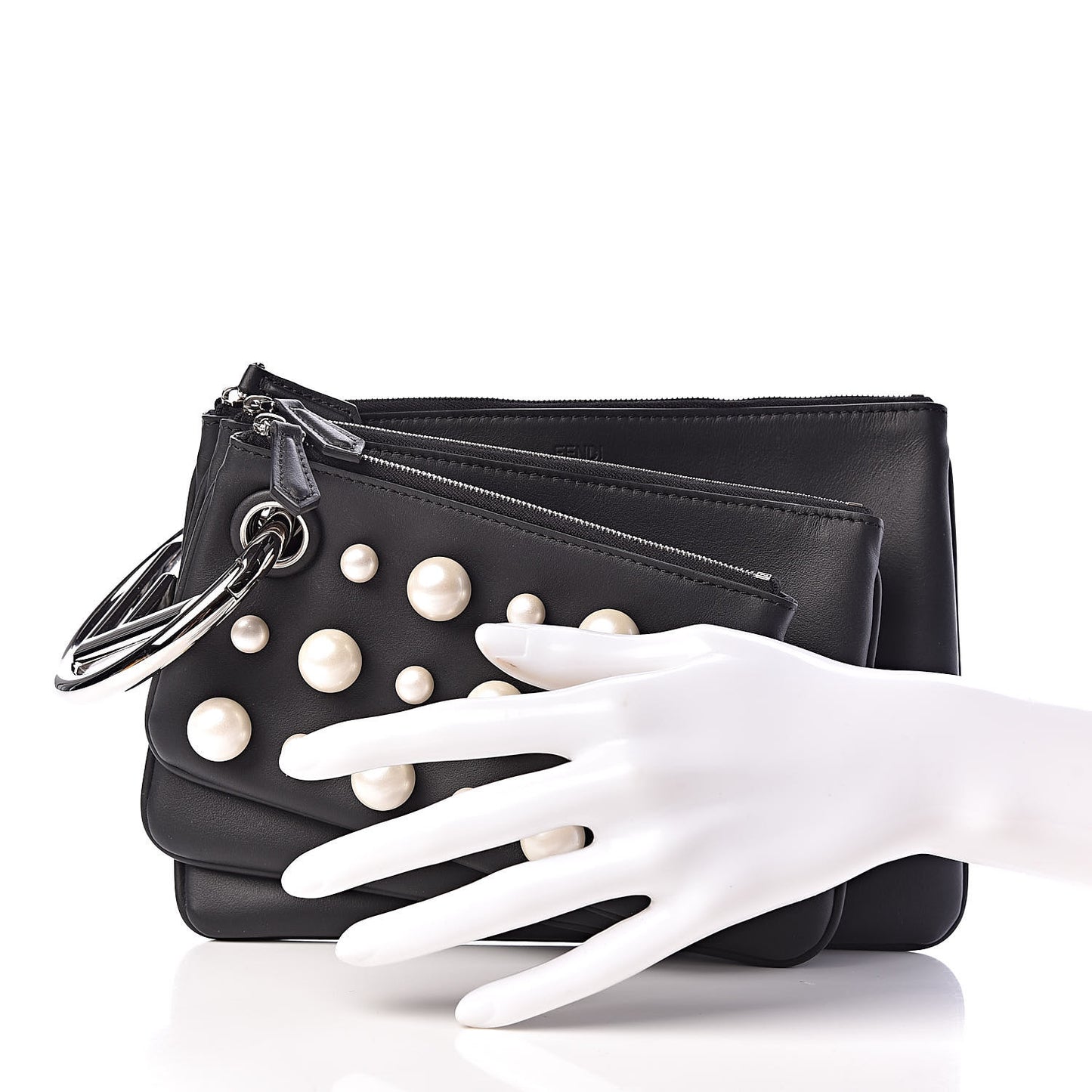 Calfskin Pearl F is Embellished Triplette Pouch Set Black