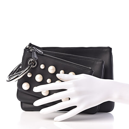 Fendi Calfskin Pearl F is Embellished Triplette Pouch Set Black 2 of 9