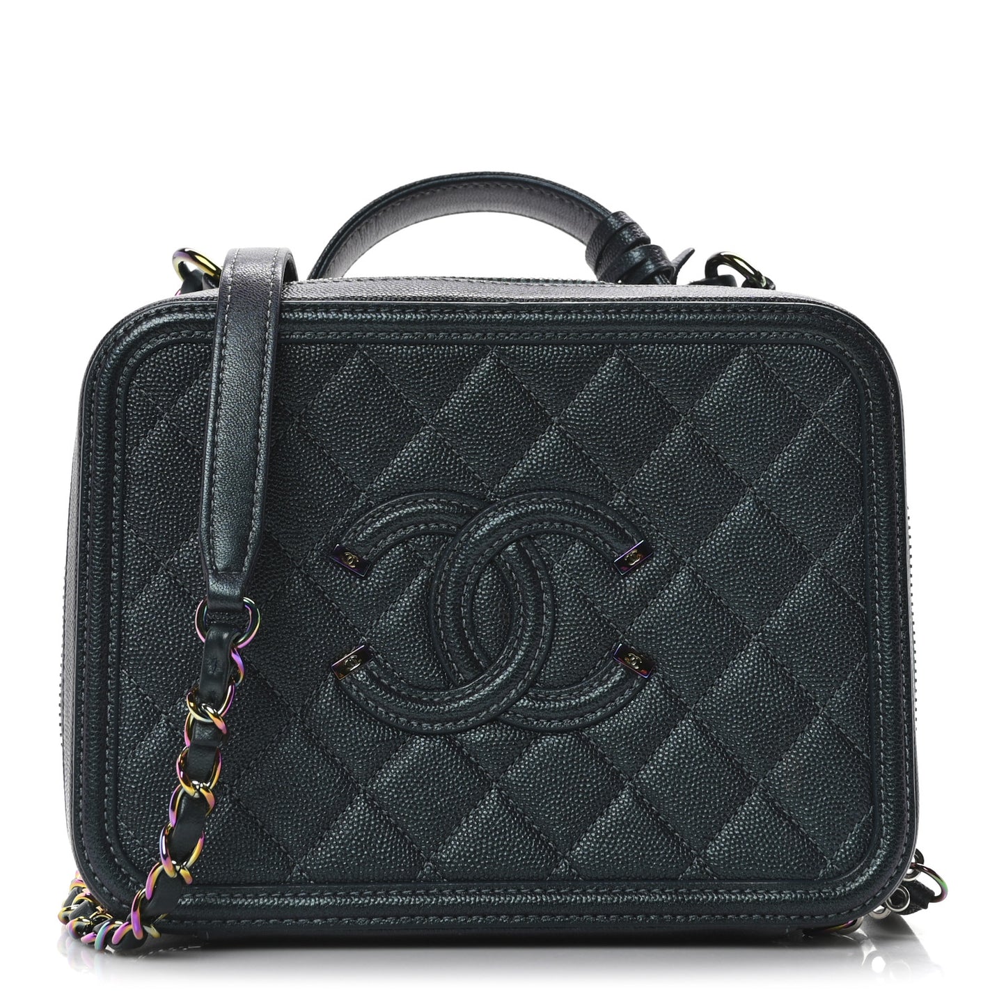 Iridescent Caviar Quilted Medium CC Filigree Vanity Case Dark Turquoise