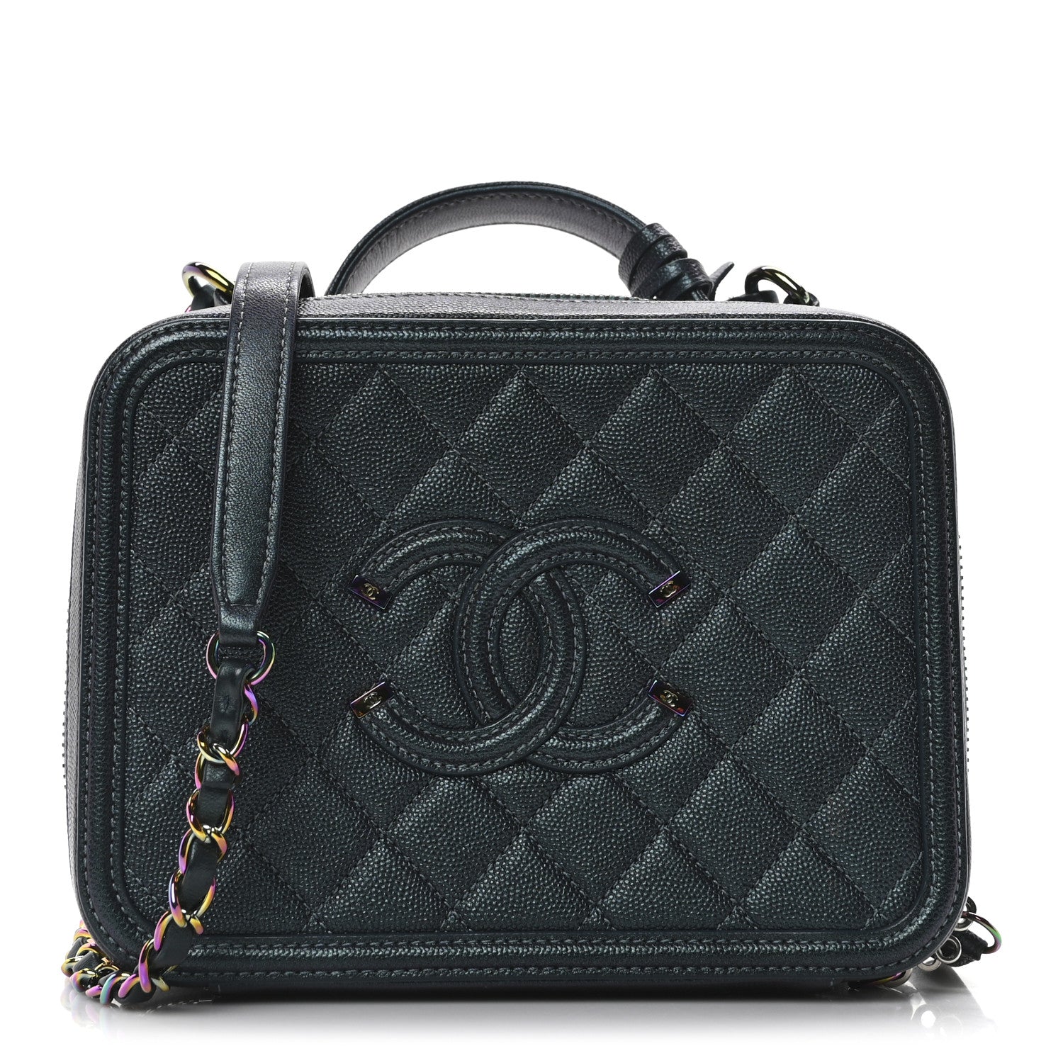 Chanel Iridescent Caviar Quilted Medium CC Filigree Vanity Case Dark Turquoise 1 of 10