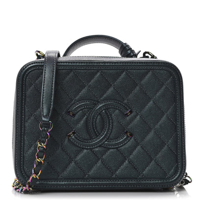 Chanel Iridescent Caviar Quilted Medium CC Filigree Vanity Case Dark Turquoise 1 of 10