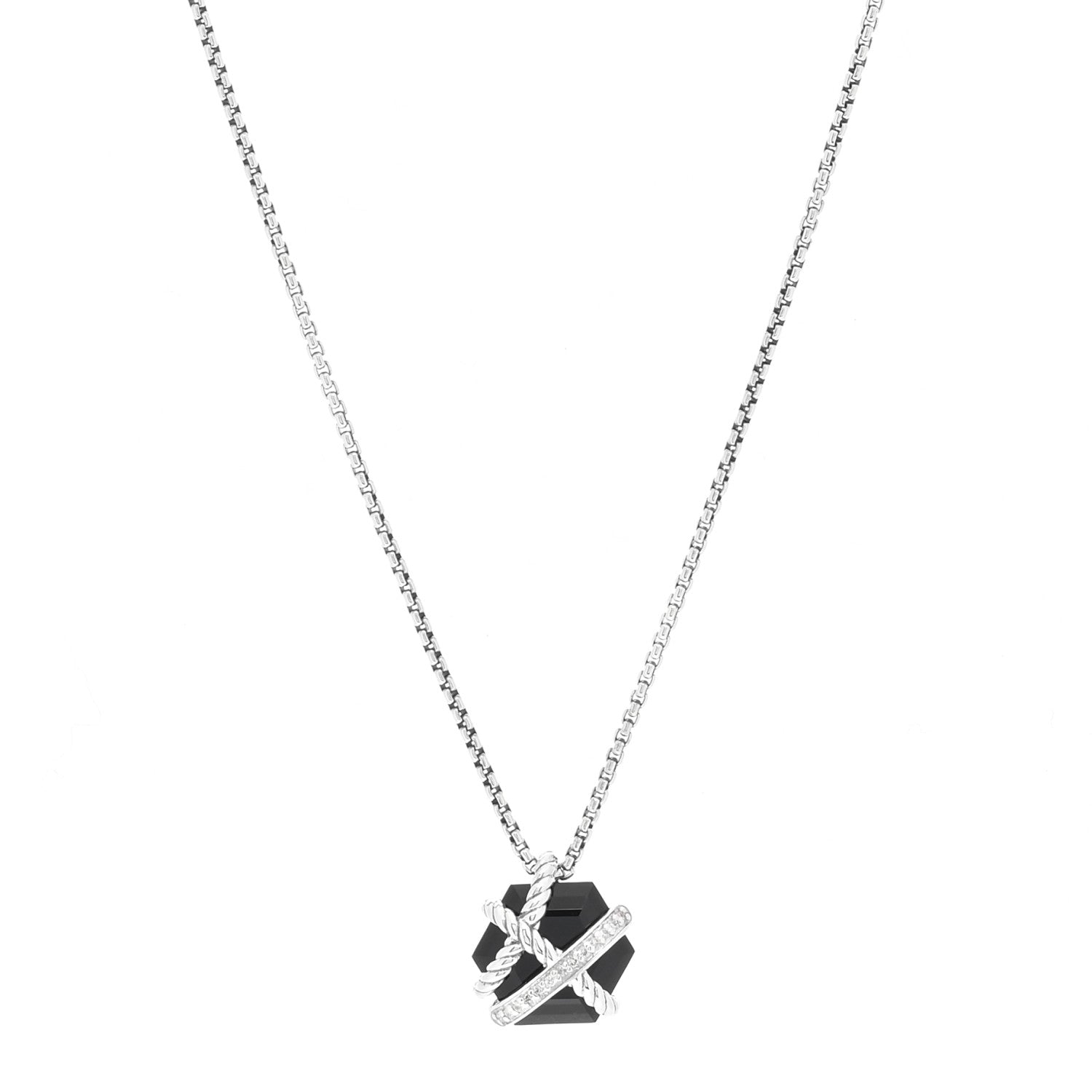 David Yurman Sterling Silver Diamond Black Onyx 10mm Petite Cable Wrap Pendant Necklace 1 of 3