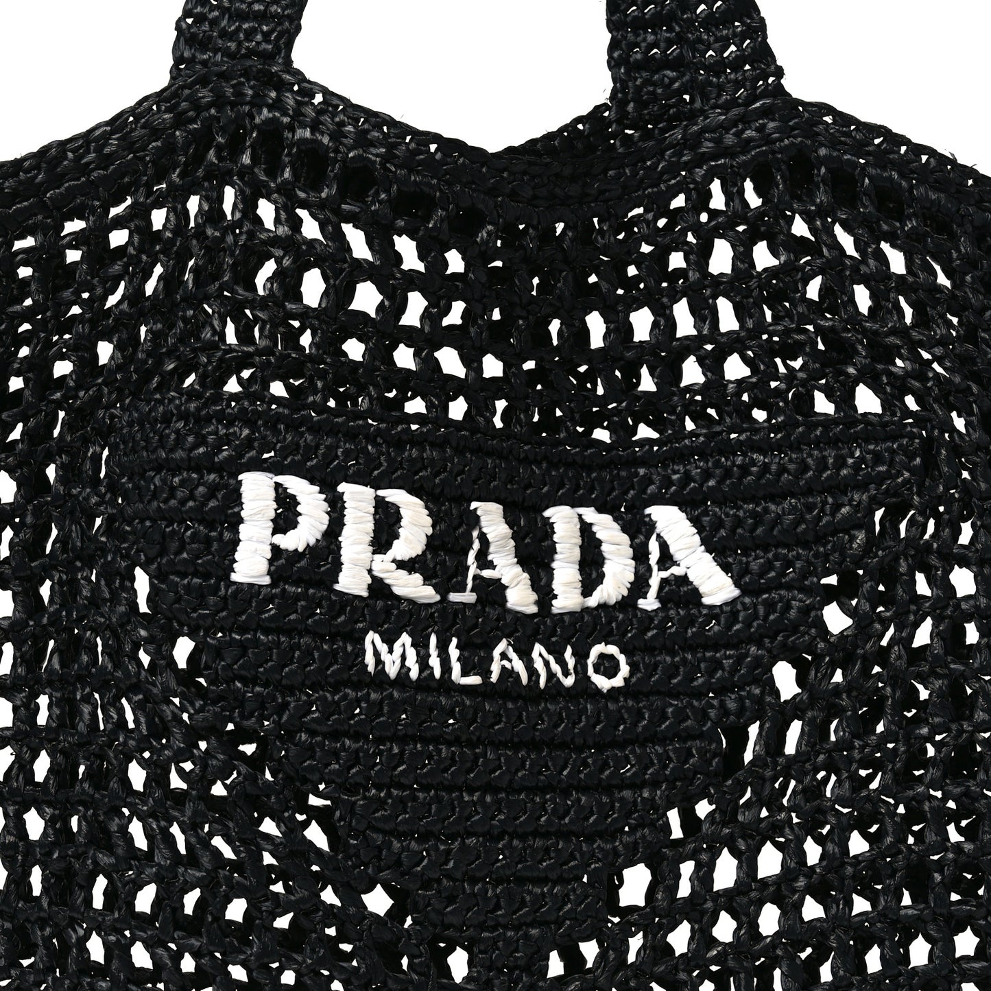 Yarn Raffia Effect Crochet Logo Embroidered Tote Bag Black