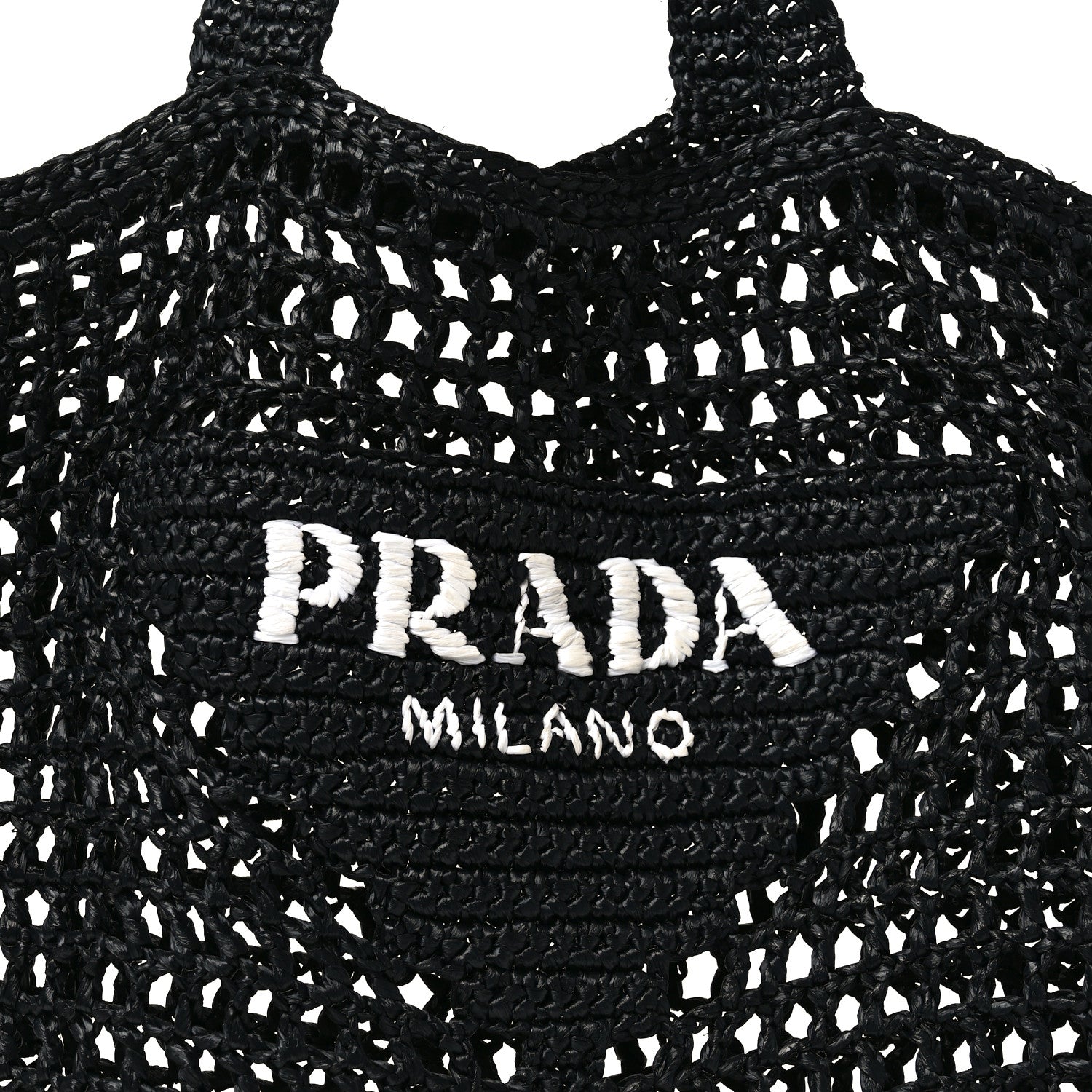 Prada Yarn Raffia Effect Crochet Logo Embroidered Tote Bag Black 6 of 9