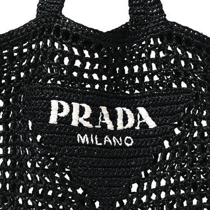 Prada Yarn Raffia Effect Crochet Logo Embroidered Tote Bag Black 6 of 9