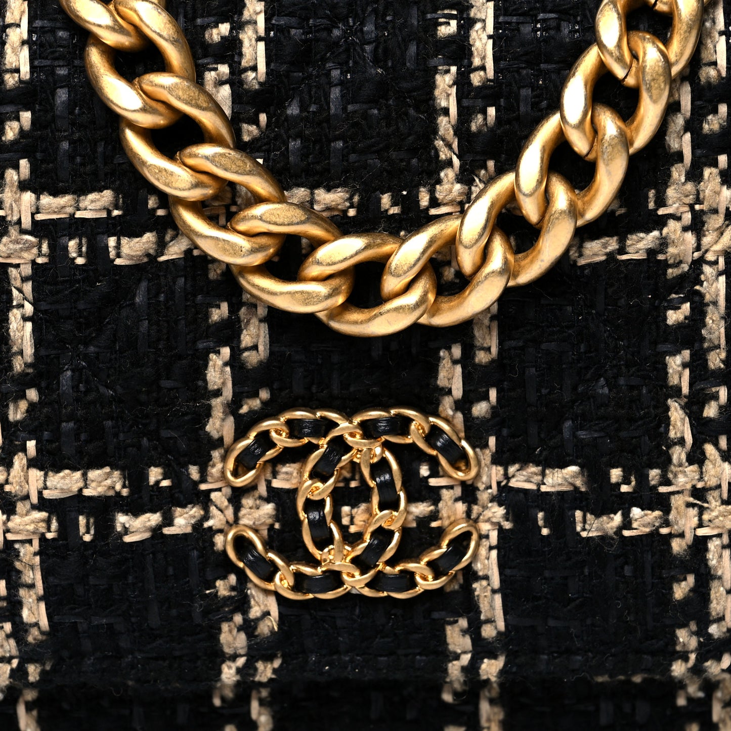 Tweed Quilted Chanel 19 Wallet On Chain WOC Black Beige