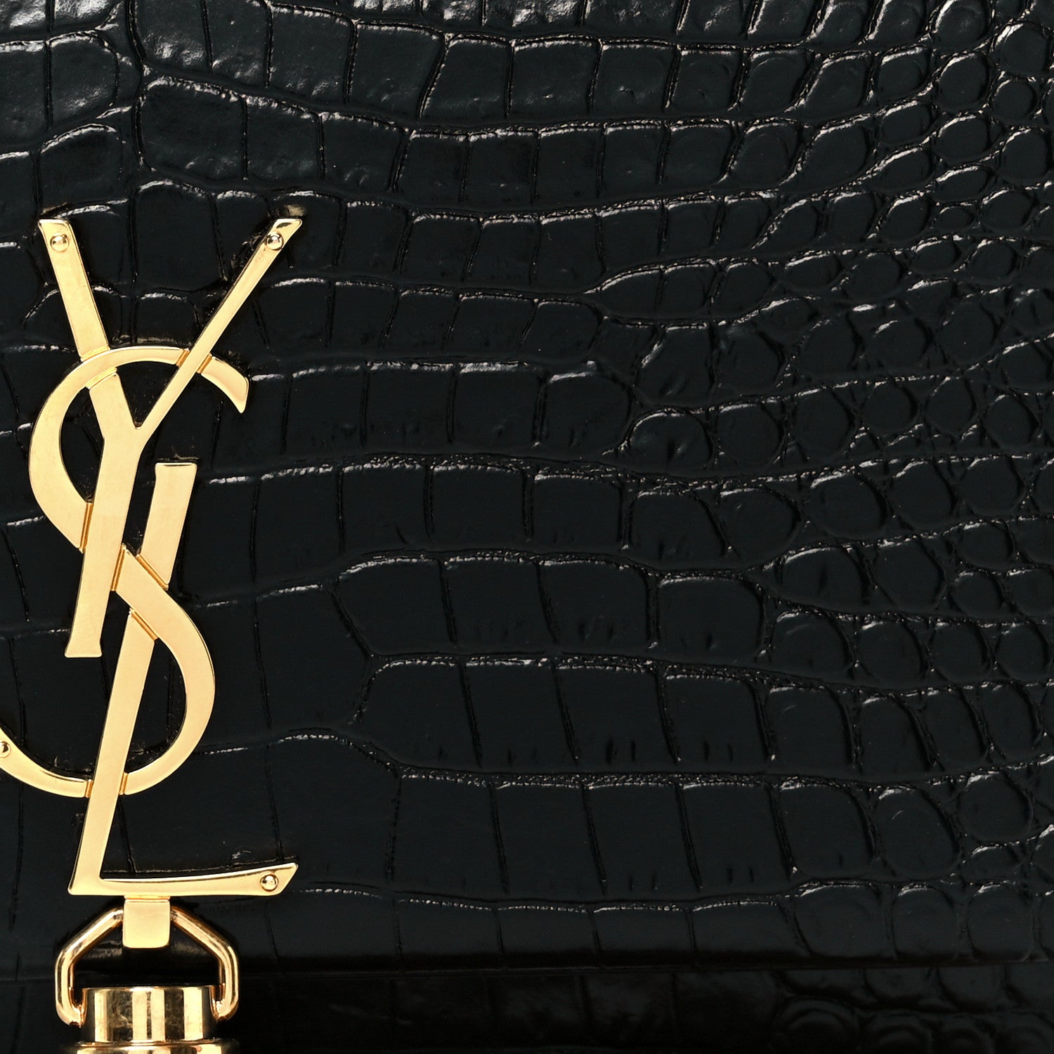 Saint Laurent Calfskin Crocodile Embossed Kate Monogram Tassel Chain Wallet Black 8 of 10