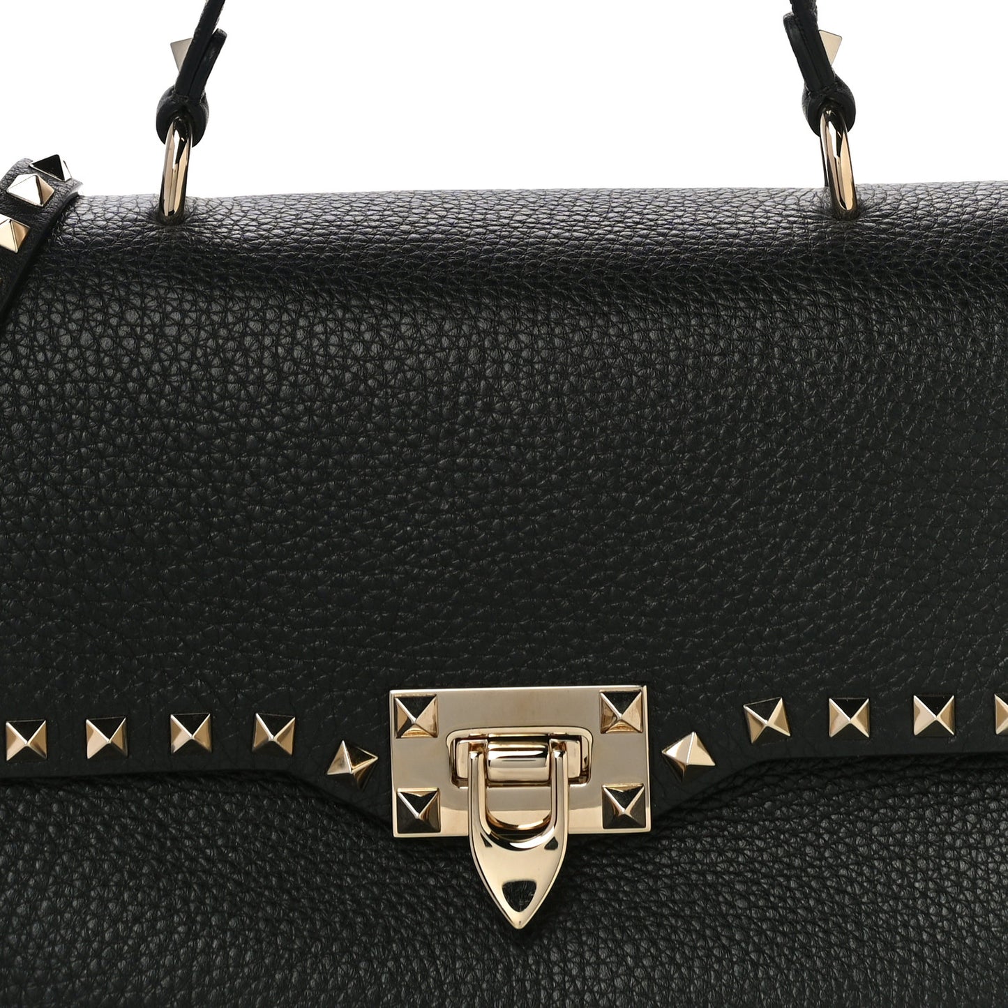 Pebbled Calfskin Rockstud Single Handle Flap Bag Black