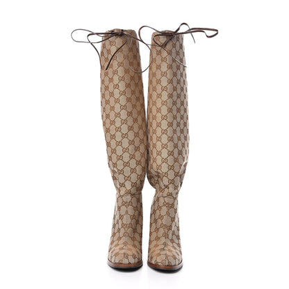 Gucci Monogram Lisa Mid Heel Boots 37.5 Beige Ebony 2 of 8