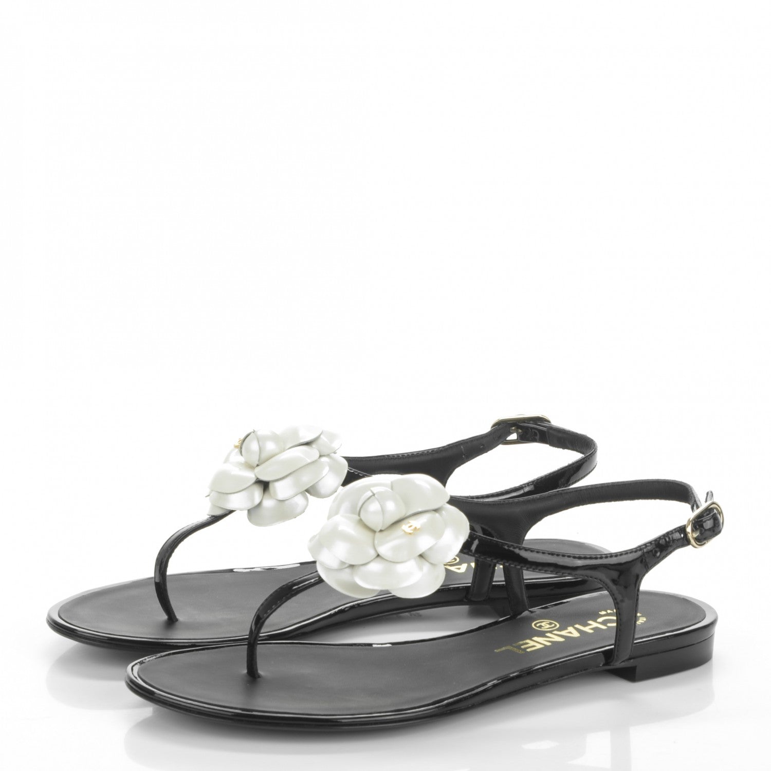 Chanel Patent Calfskin Camellia Thong Sandals 35 Black White 3 of 7