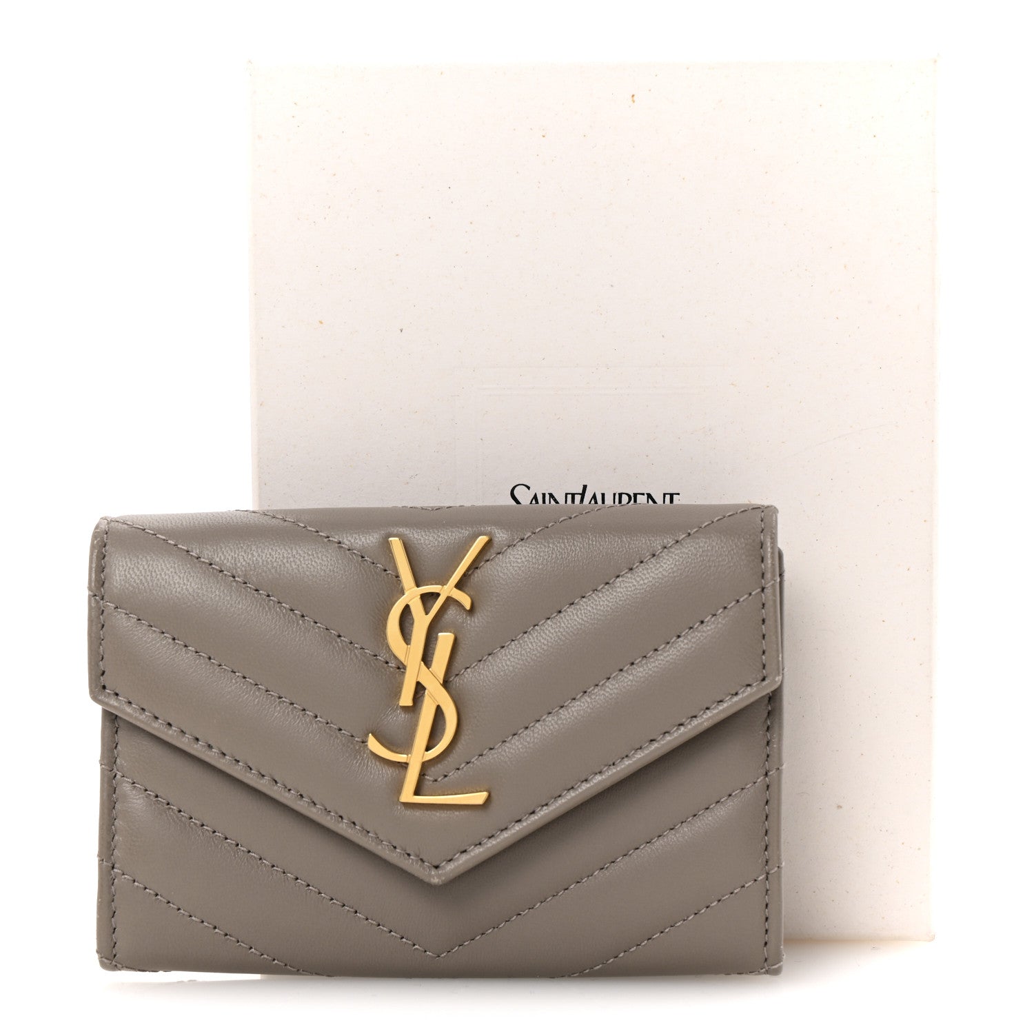 Saint Laurent Lambskin Matelasse Chevron Small Monogram Envelope Wallet Dark Beige 9 of 9