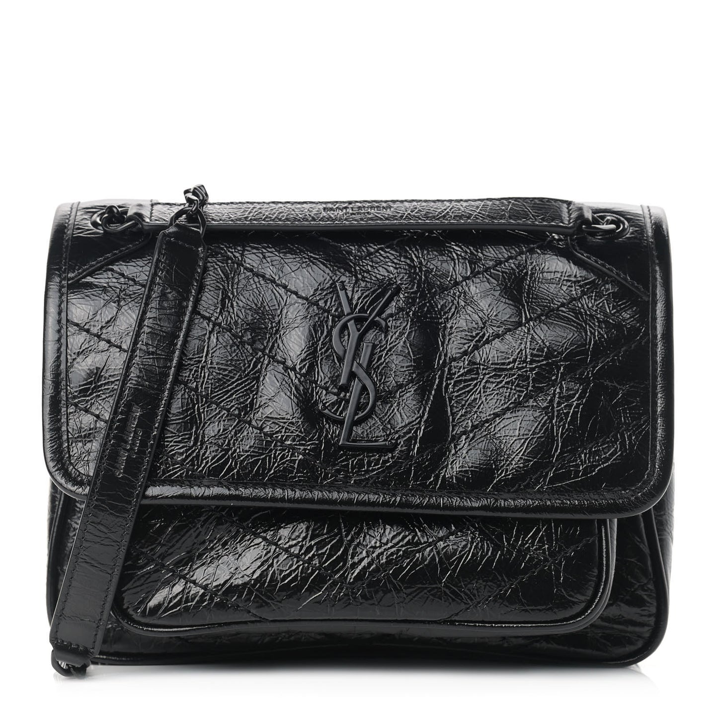 Crinkled Calfskin Matelasse Monogram Baby Niki Chain Satchel Black