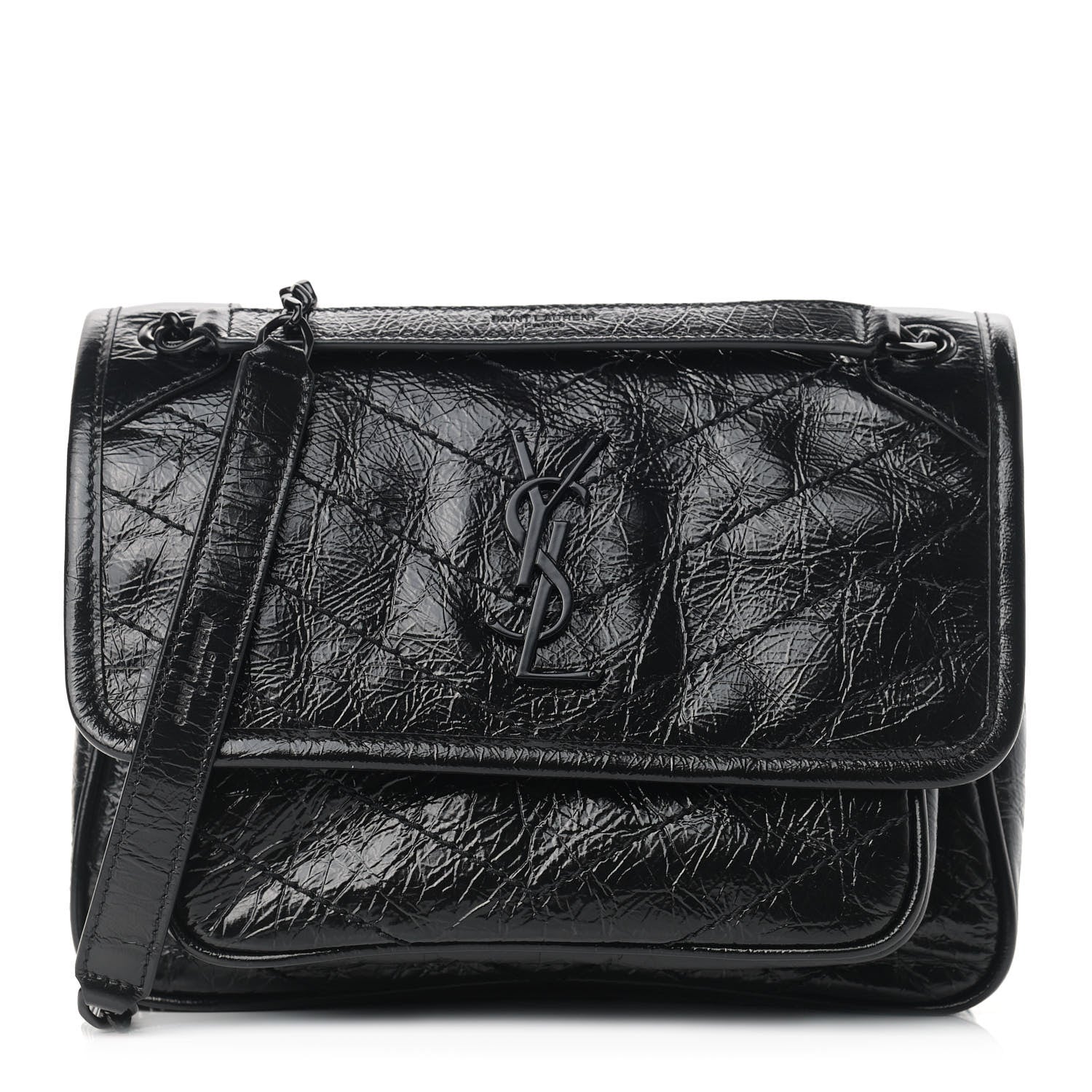 Saint Laurent Crinkled Calfskin Matelasse Monogram Baby Niki Chain Satchel Black 1 of 10