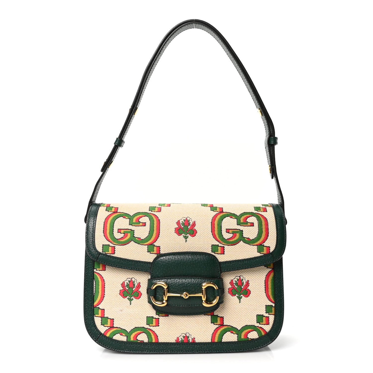 Gucci Monogram Jumbo GG 100th Anniversary Horsebit 1955 Shoulder Bag Green Multicolor 1 of 9