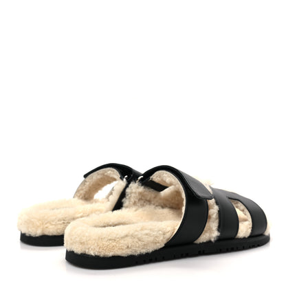 Hermes Calfskin Woolskin Womens Chypre Sandals 37 Black Ecru 4 of 8