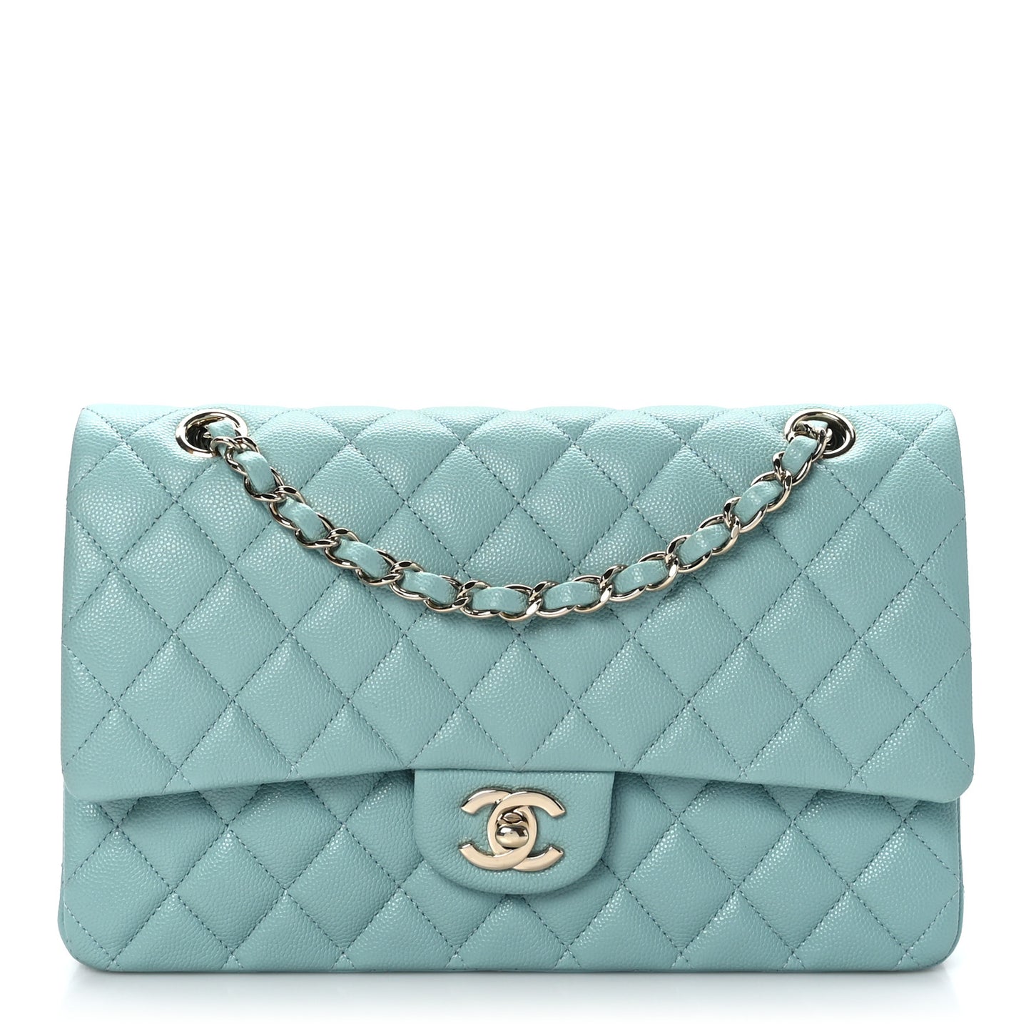 Caviar Quilted Medium Double Flap Light Blue