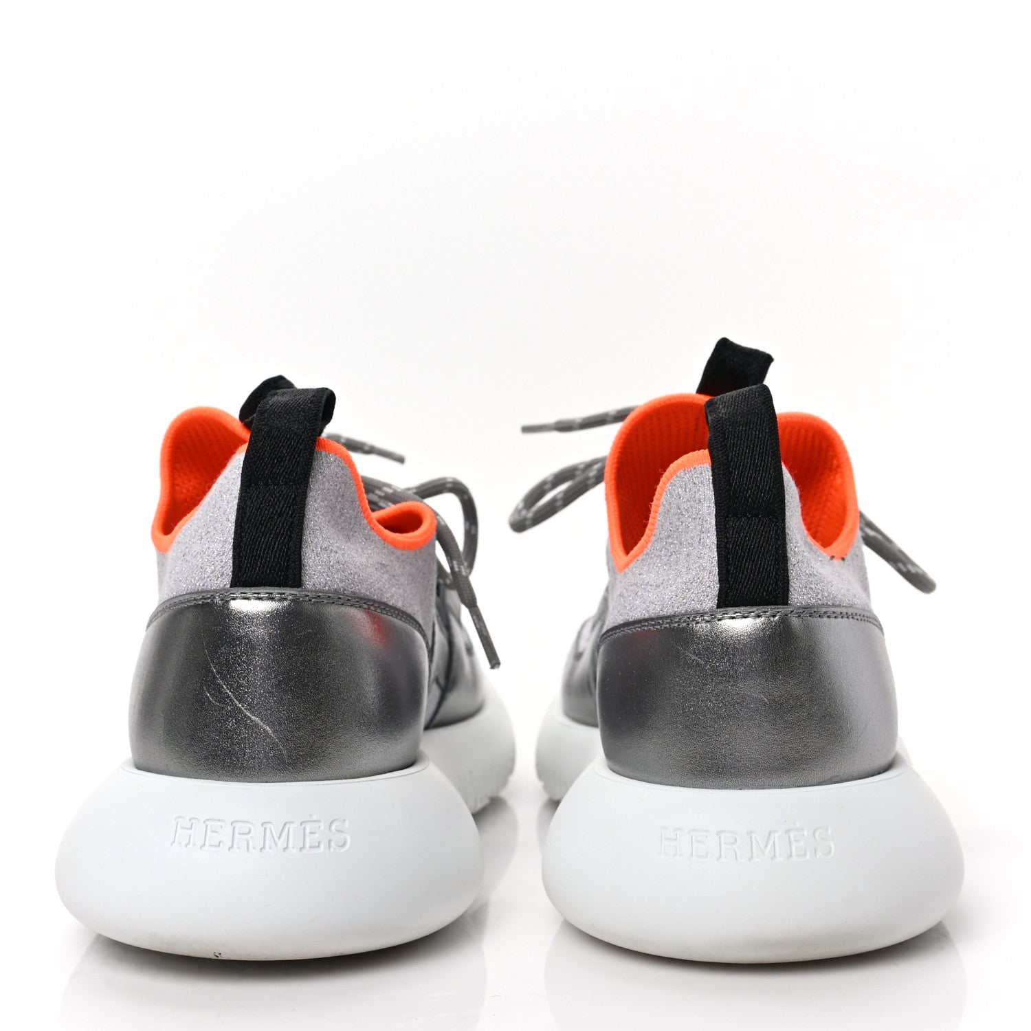 Hermes Knit Metallic Calfskin Womens Duel Sneakers 36 Argent Orange Black 5 of 7