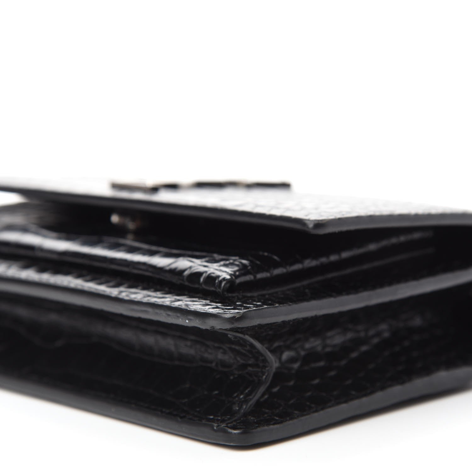 Saint Laurent Calfskin Crocodile Embossed Monogram Sunset Top Handle Chain Wallet Black 7 of 12