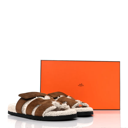 Hermes Suede Goatskin Woolskin Mens Chypre Sandals 41 Brun Fume Ecru 10 of 10