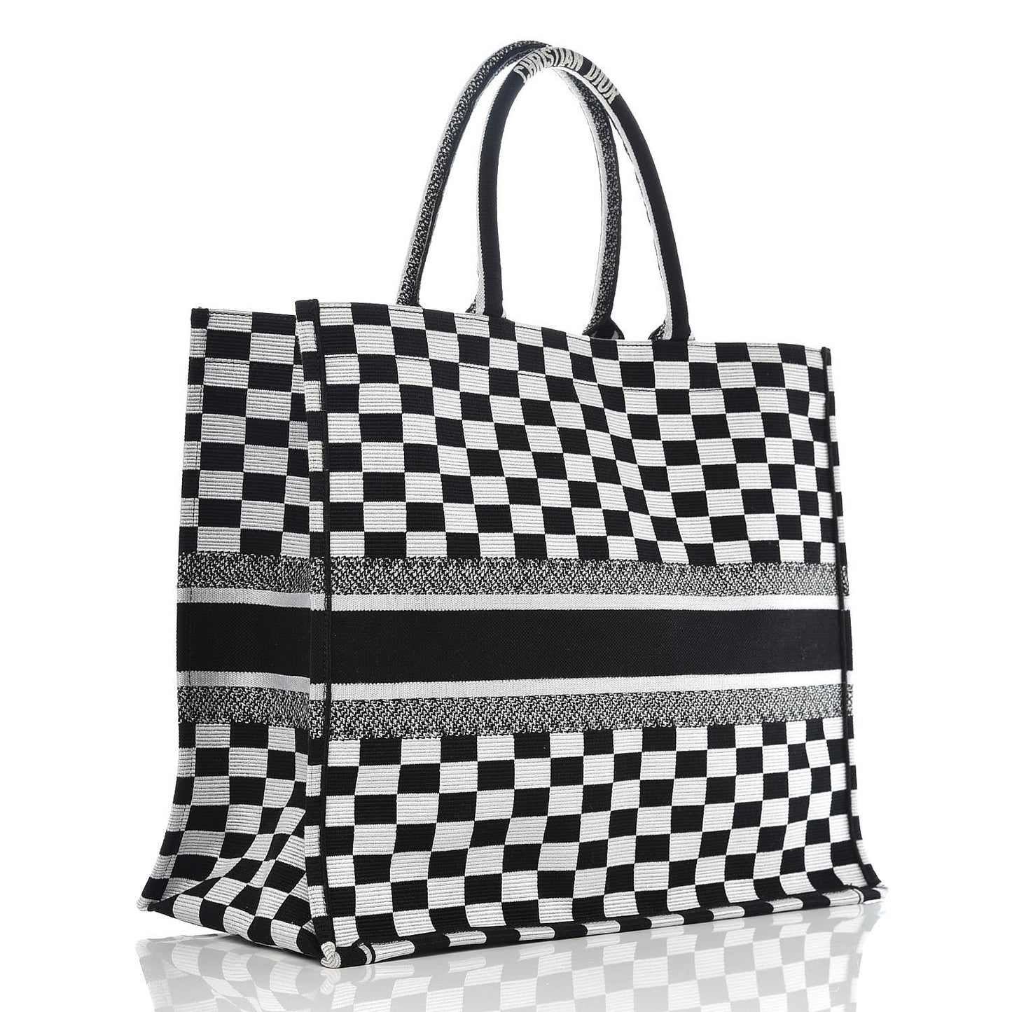 Canvas Embroidered Checkered Book Tote Black White