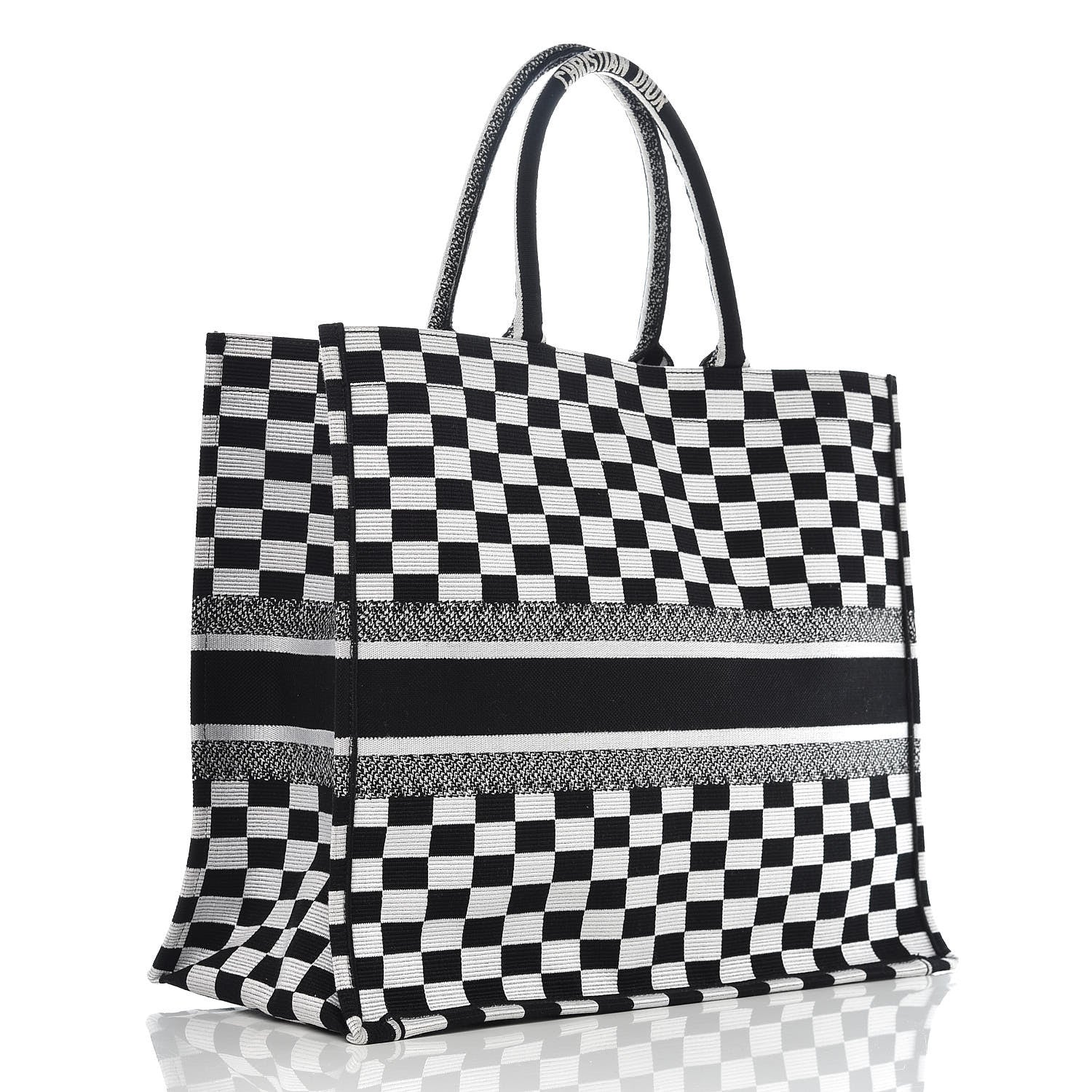 Christian Dior Canvas Embroidered Checkered Book Tote Black White 3 of 9