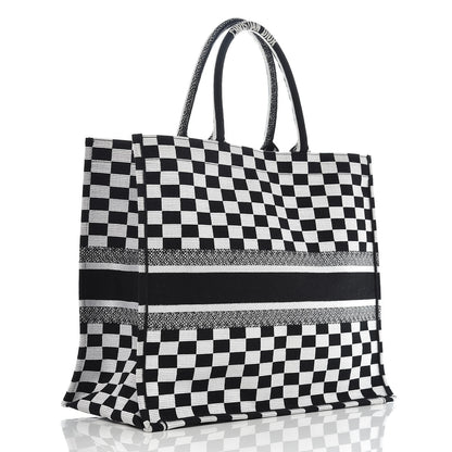 Christian Dior Canvas Embroidered Checkered Book Tote Black White 3 of 9
