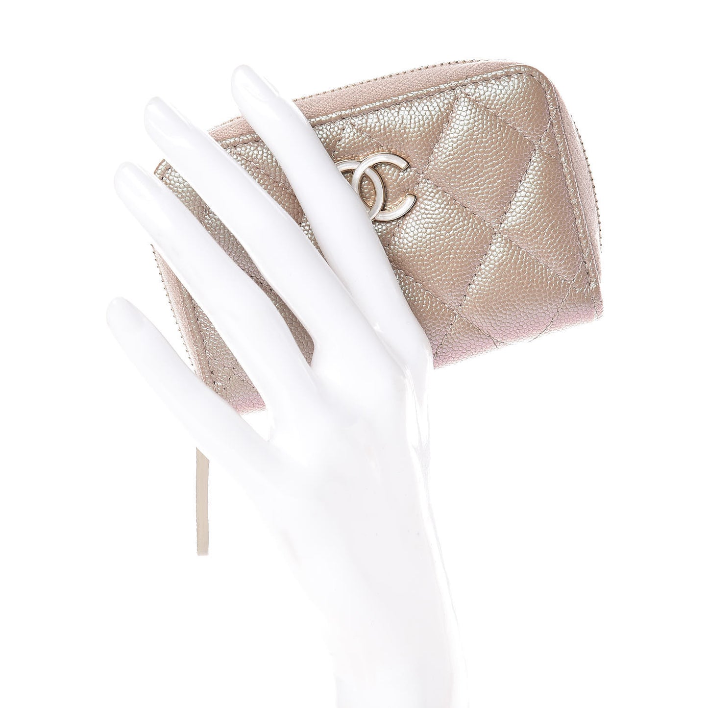 Iridescent Caviar Quilted Zip Coin Purse Beige