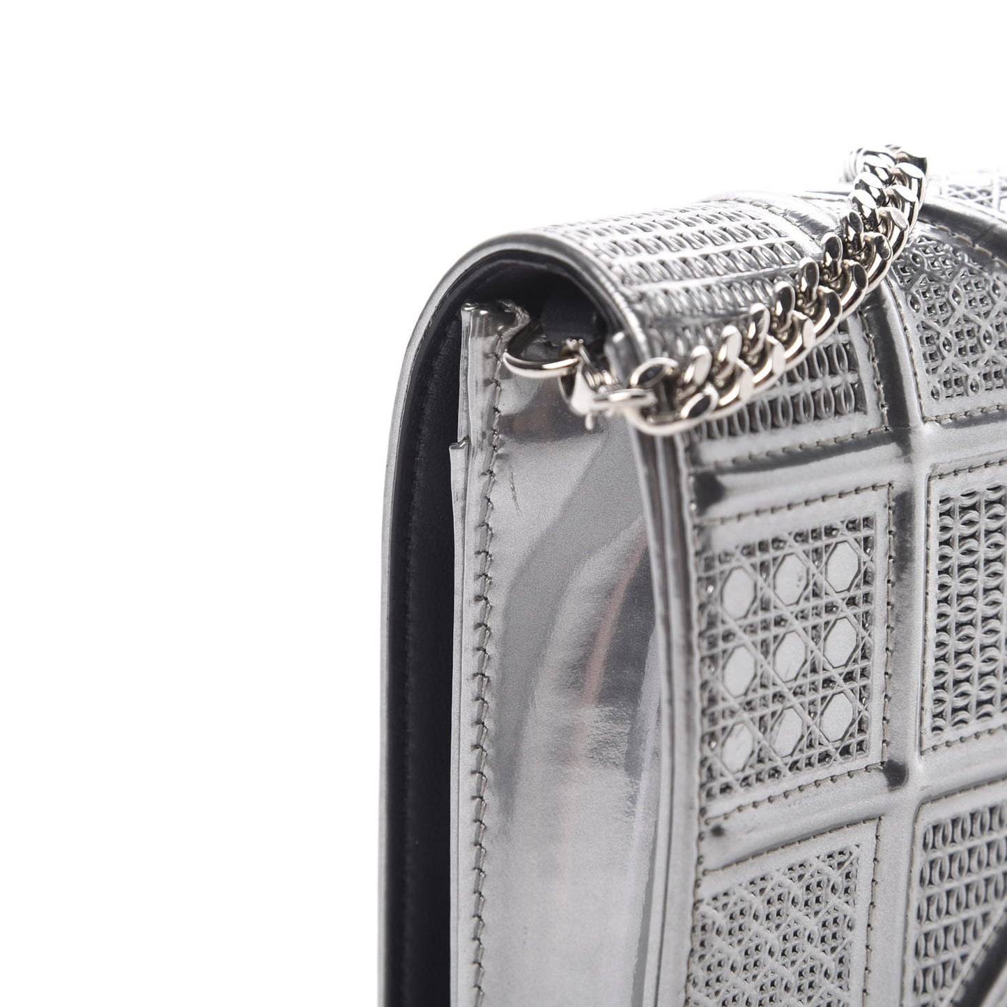 Metallic Patent Micro-Cannage Diorama Wallet on Chain Pouch Silver